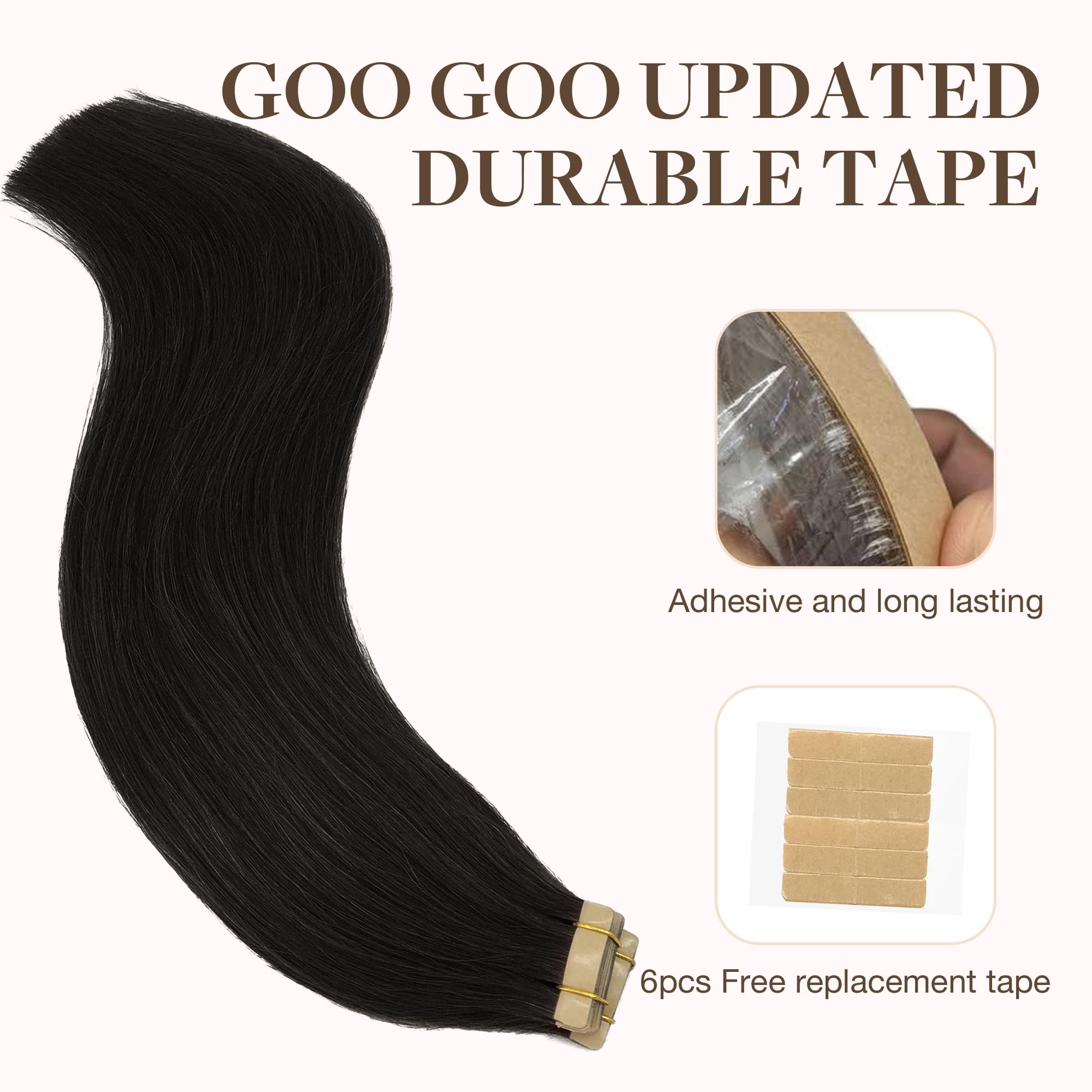 Goo Goo Tape In Hair Extensions Human Hair, 1B Natural Black, 14Inch 100G 40Pcs, Thick Ends Straight Seamless Tape In, Invisible