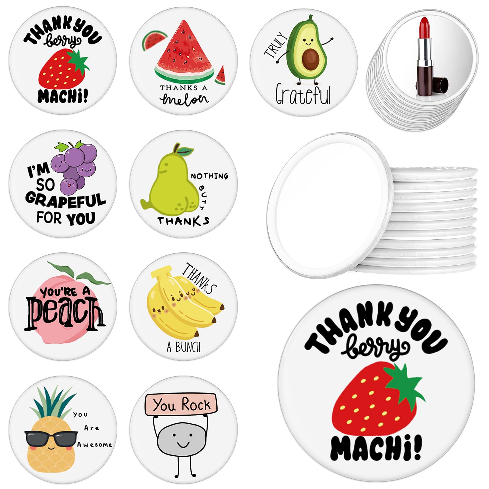 Barydat 36 Pcs Motivational Compact Mirror Bulk Thank You Fruit Pun Makeup Mirror Funny Pocket Mini Mirror For Purse Summer Camp