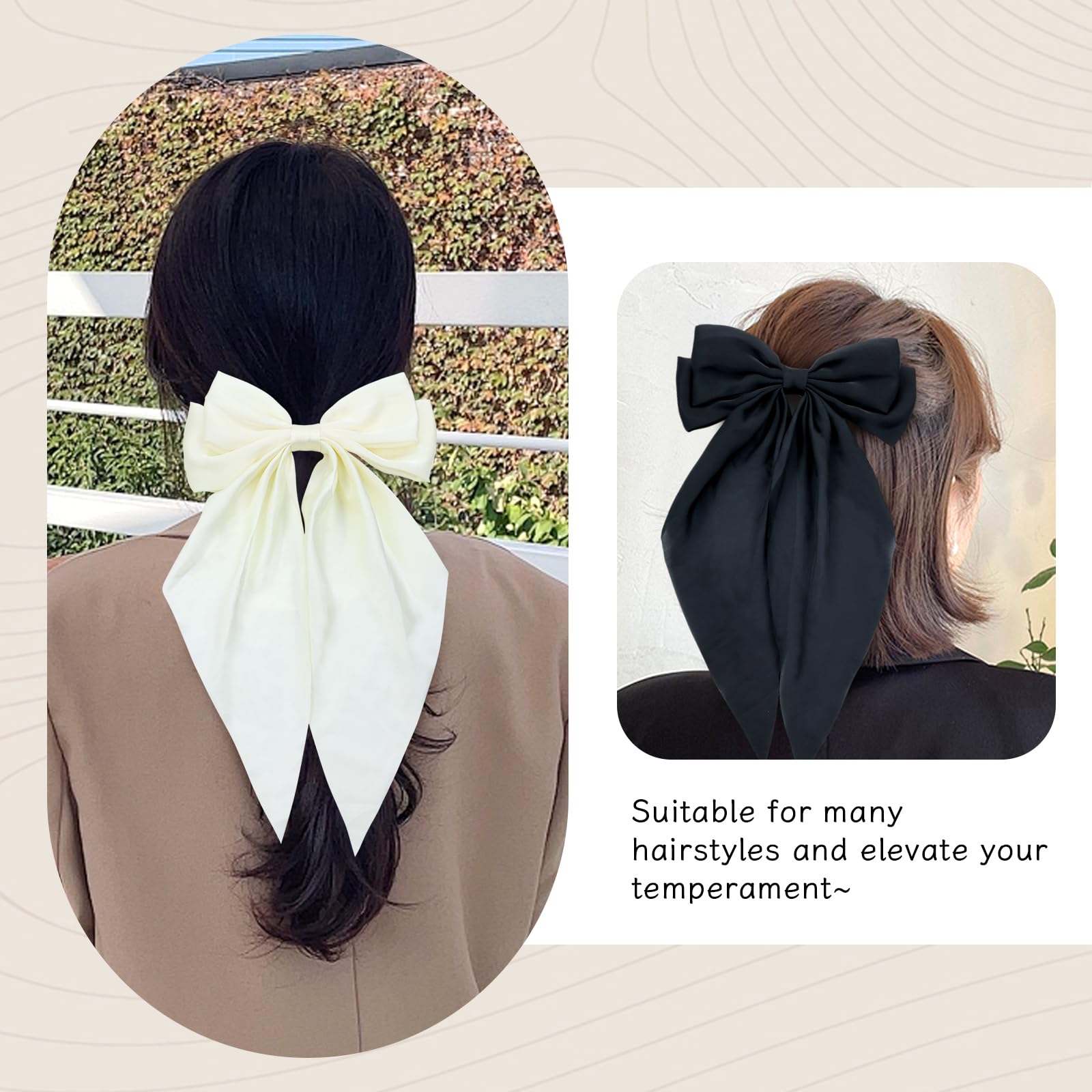 Cinaci 4 Pieces Large Big Oversized Silky Satin Hair Bows For Women Girls Teens, Fancy Long Tail Bow French Barrettes Hair Clips