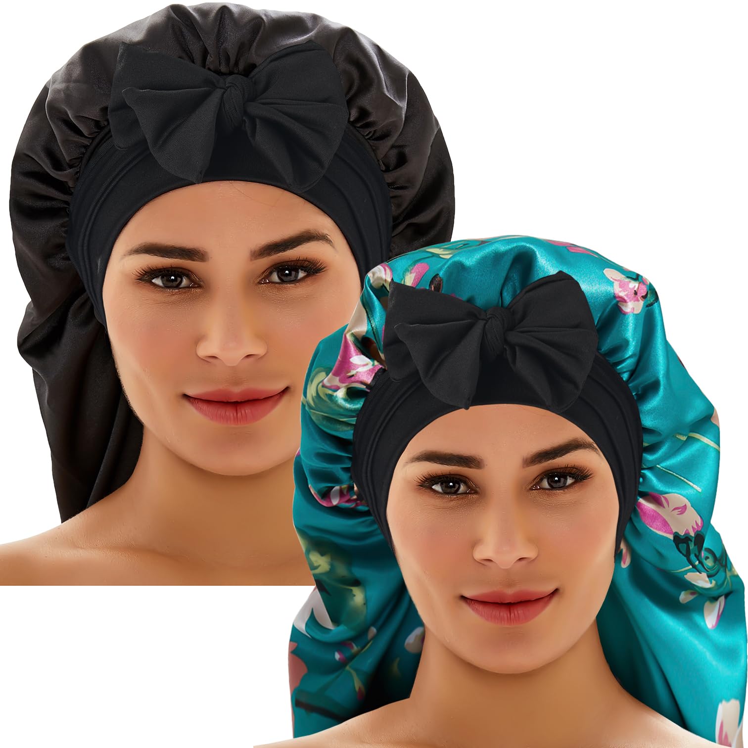 2 Pcs Silk Bonnet For Sleeping, Braid Bonnet Satin Bonnet With Tie Band Sleep Cap For Women Men Long Curly Hair Braids Black (2