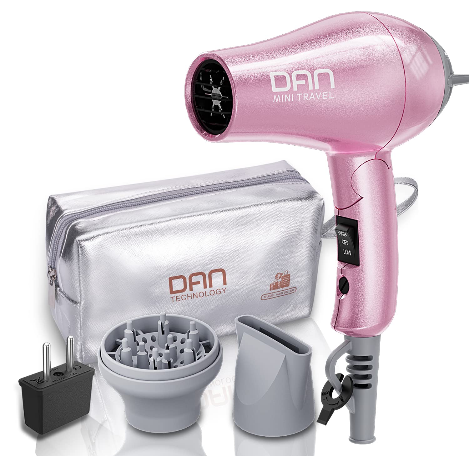 DAN Technology Travel Dual Voltage Mini Blow Dryer with Concentrator,Small Hair Dryer with Diffuser,European Hair Dryer with Eur
