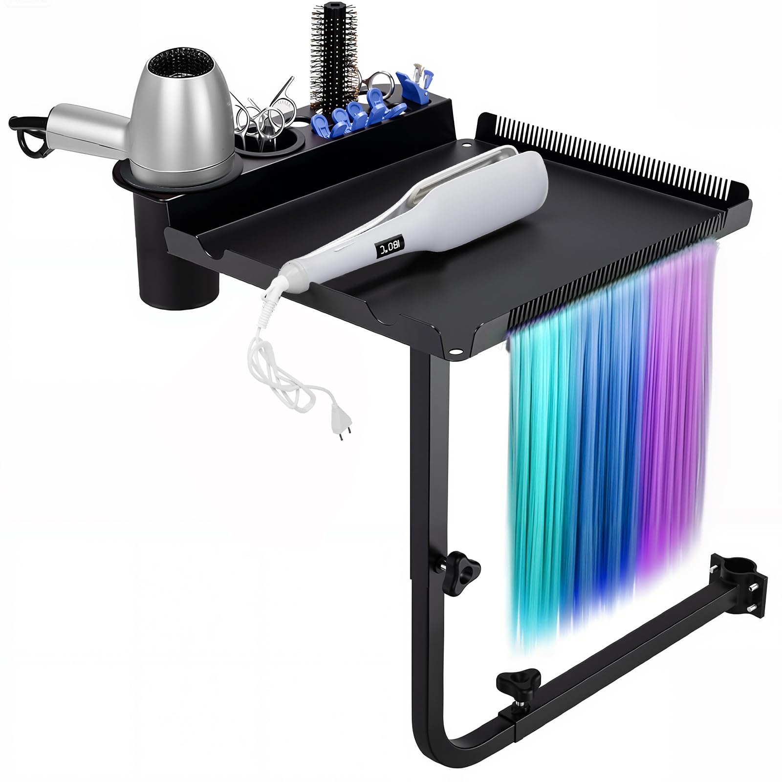 Colingmill Salon Tray Attached to Chair 360 Rotating Metal Hairstylist Tray with Hair Separator Adjustable Height Width for Hair
