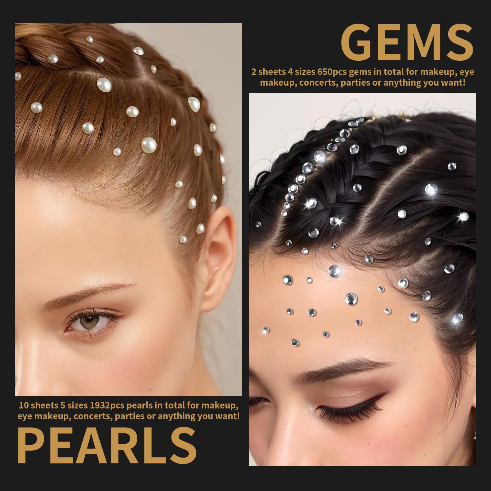 Teenitor 2582Pcs Hair Pearls Hair Gems Face Gems, Hair Pearls Stick On, Hair Face Jewels Face Hair Gems 3/4/5/6/8Mm Hair Pearls