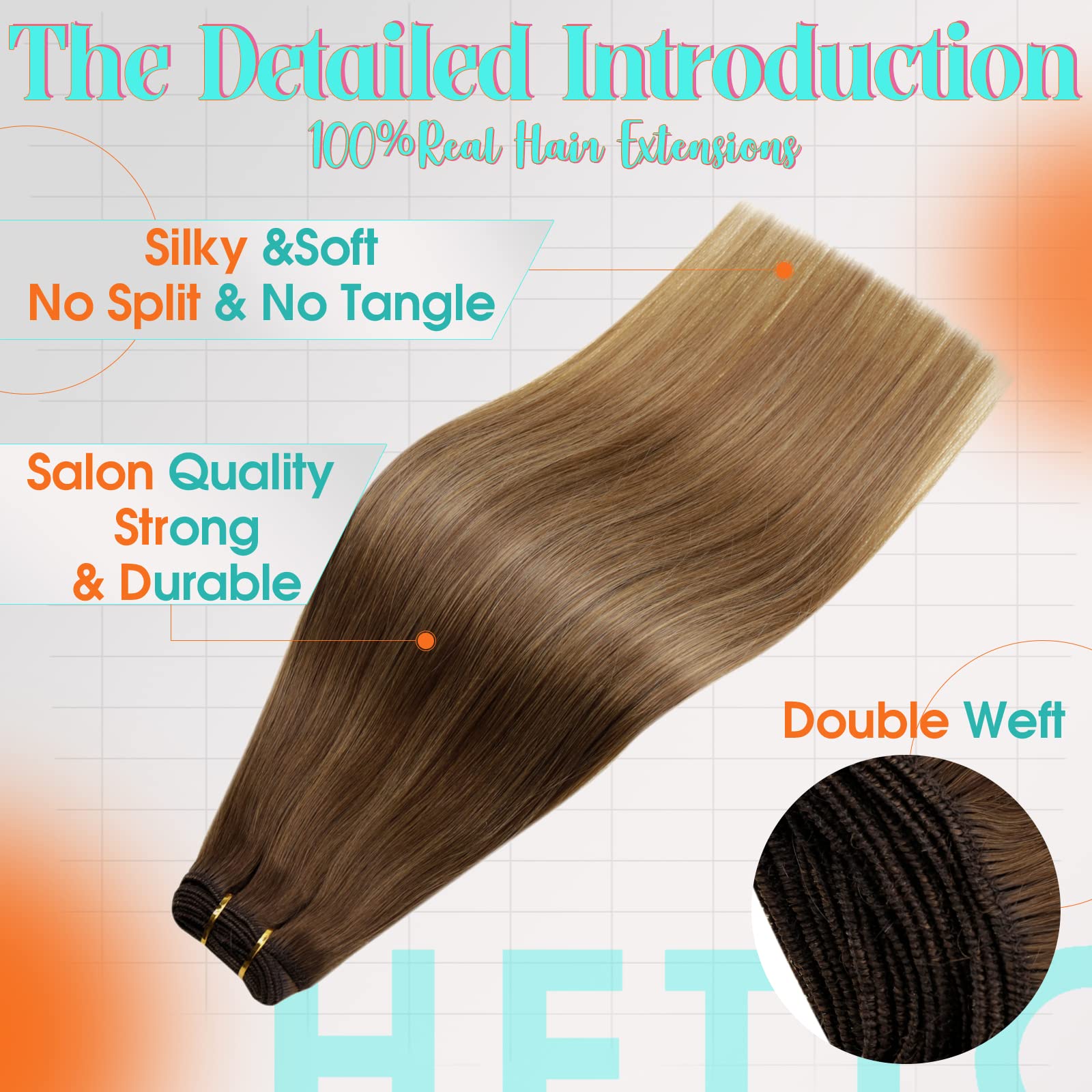 Hetto Ombre Sew in Weft Extensions #6/8/14 Brown to Light Brown Mix Dark Blonde Human Hair Weft 18 Inch Straight Weft Hair Exten