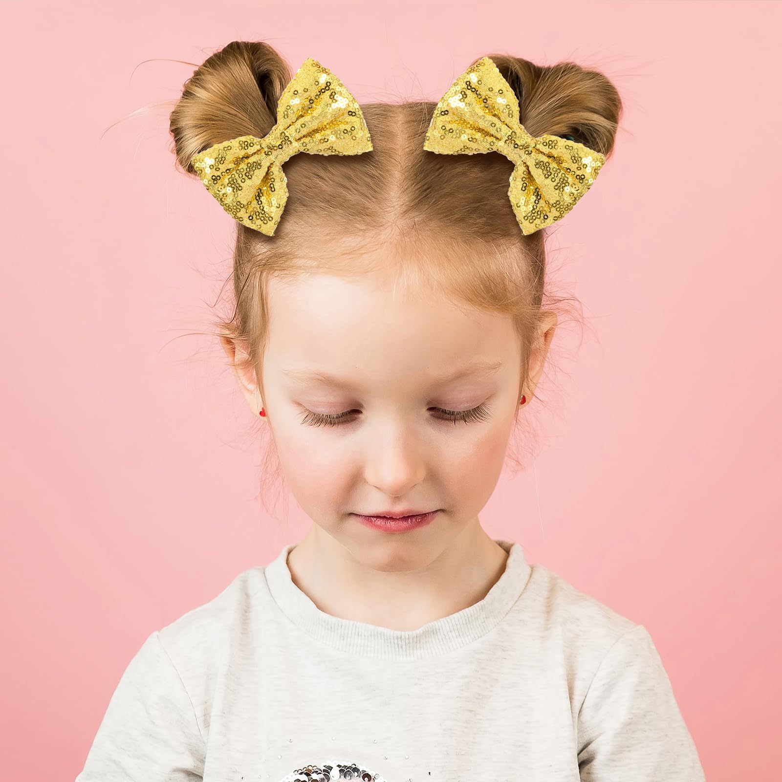 4'' Gold Sparkly Glitter Sequin Hair Bows Clips For Toddler Girls Valentines Christmas Birthday Gift Party Dress Outfit Decor Ac