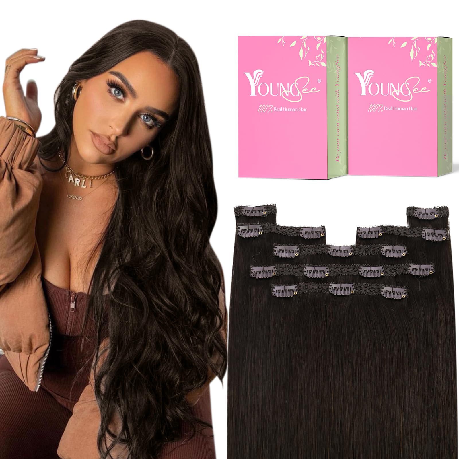 YoungSee Clip in Human Hair Extensions Brown Clip in Extensions Real Human Hair Darkest Brown Human Hair Clip in Extensions Ease