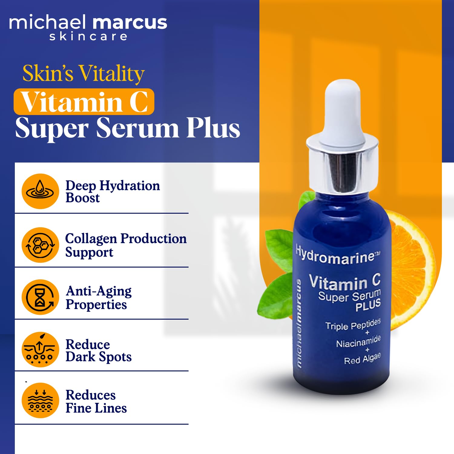Michael Marcus Hydromarine Vitamin C Face Serum PLUS with Hyaluronic Acid & Triple Peptides - Reduce Dark Spots, Anti-Wrinkle, A