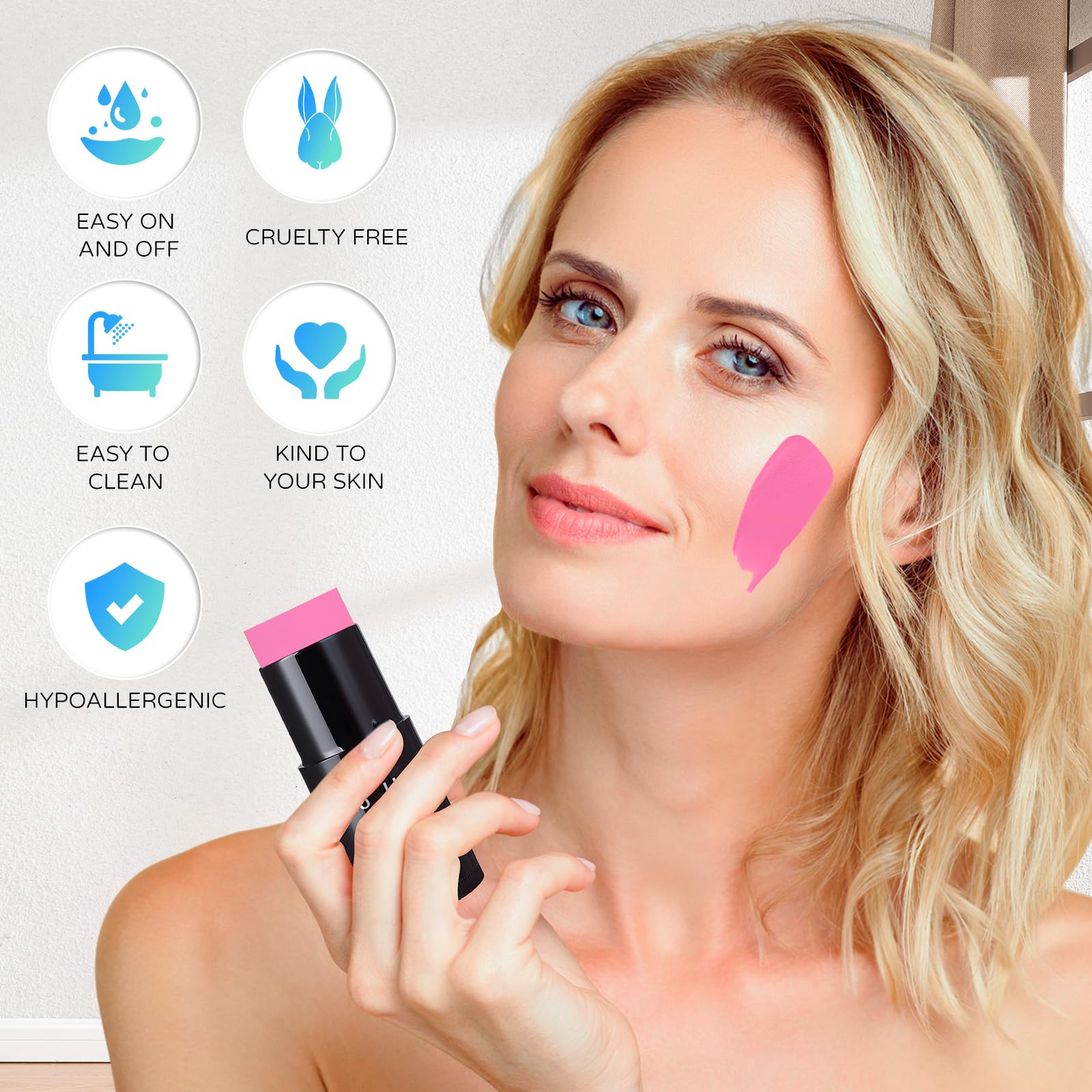 Go Ho Hot Pink Face Body Paint Stick,Water Based Washable Hot Pink Face Paint Stick,Non-Toxic Full-Coverage Cream Pink Body Pain