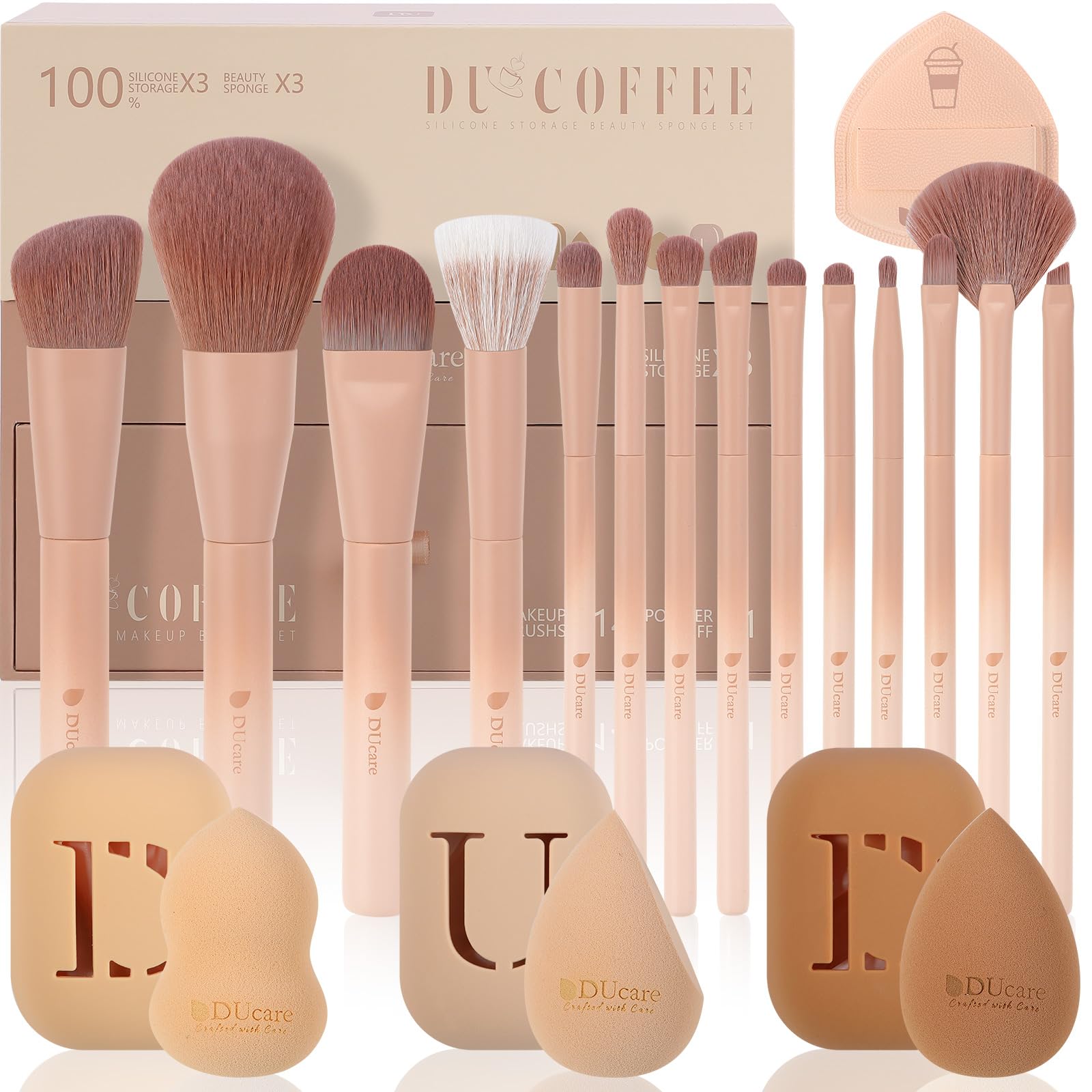 DUcare Makeup Brushes 14Pcs Coffee Series Makeup Brush set with Makeup Sponges Valentines Day Gifts Foundation Blending Face Pow
