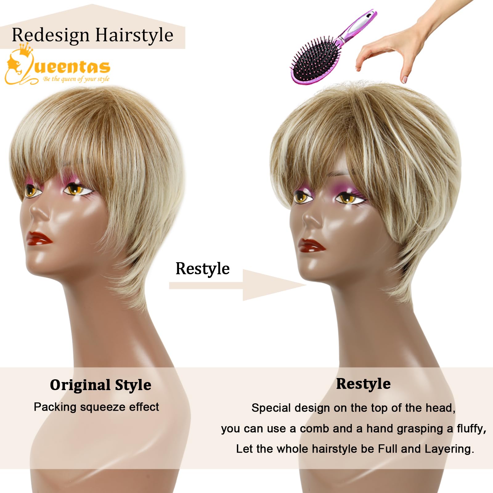 Queentas Pixie Layered Short Blonde Wigs For White Women Black Women Synthetic Hair (Blonde Mixed Brown)