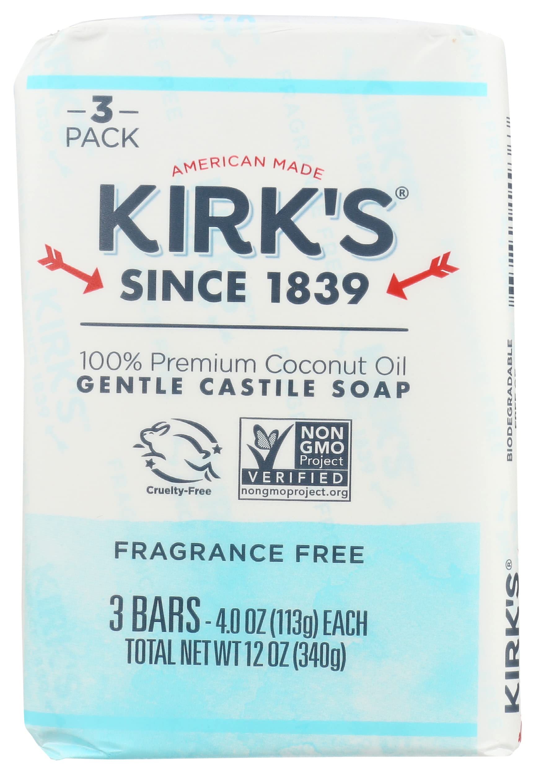 Kirks Gentle Castile Soap Bar Fragrance Free 3 Pack, Non GMO, Natural Formula, Free of Sulfates, Parabens Free, 12 Ounce (Pack 