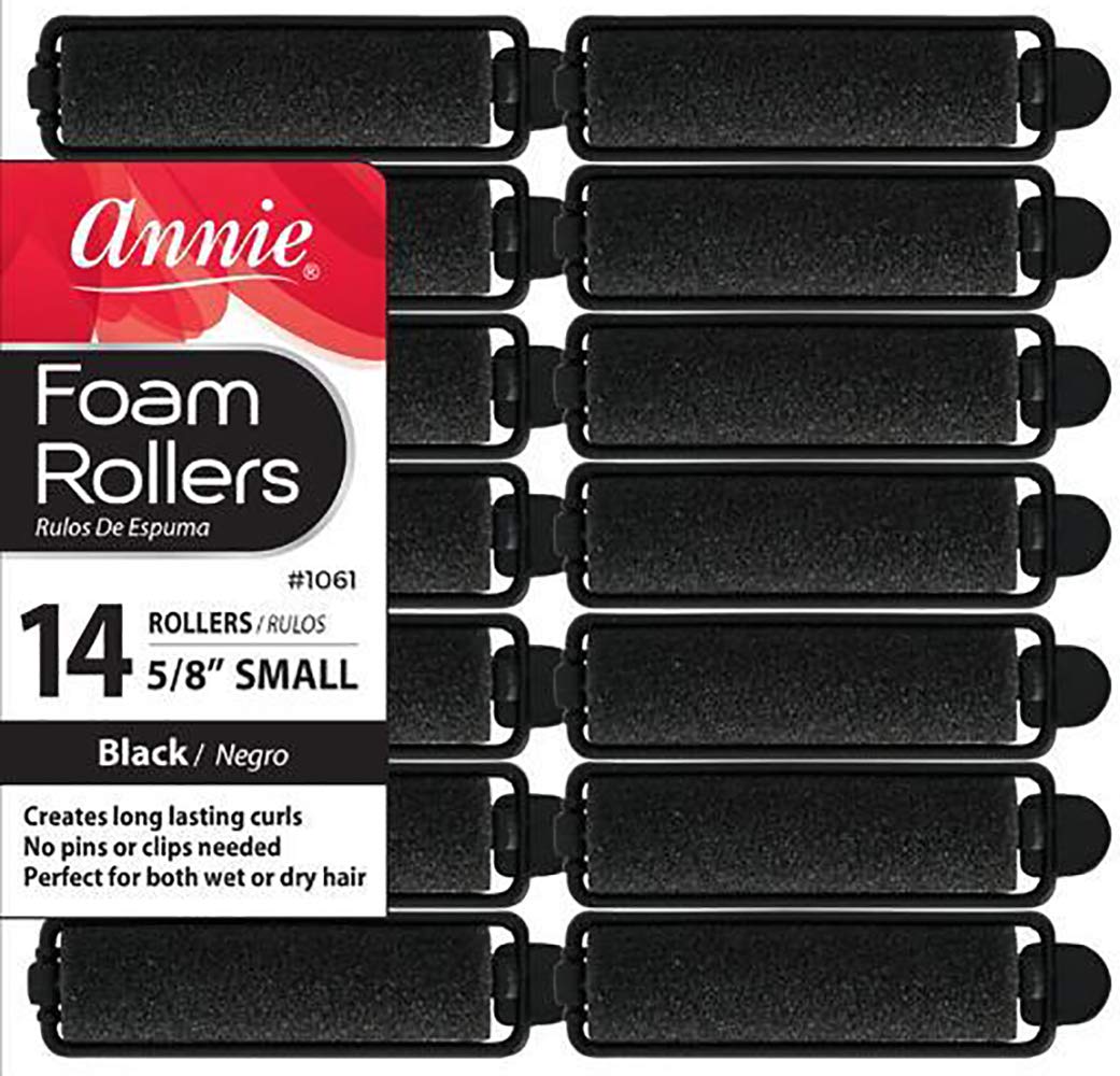 Annie- Salon Style Small Foam Hair Rollers - (5/8) Black - (14) Piece Set - Soft Heat-less Hair Curling Tools
