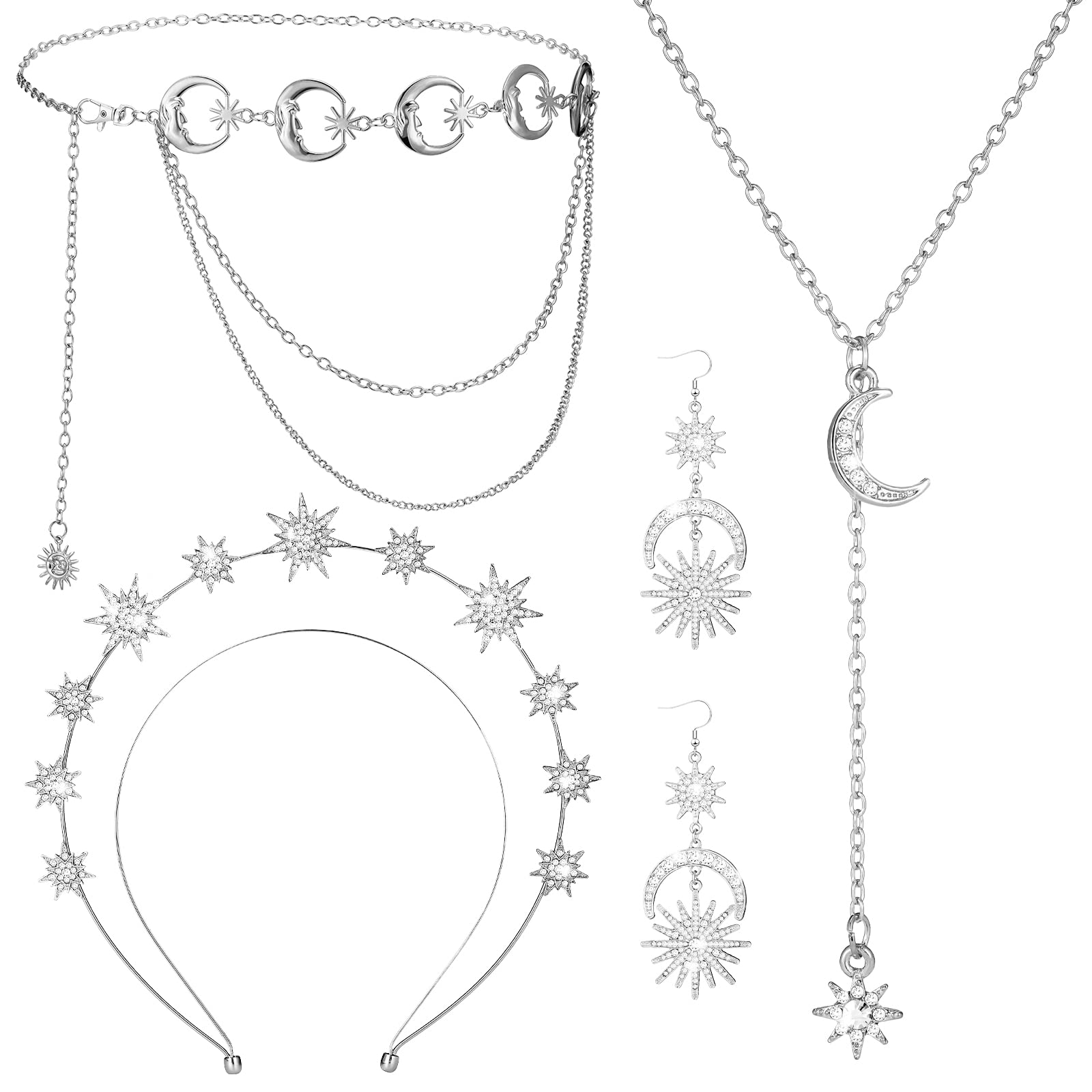 Glenmal 4 Pieces Celestial Jewelry Moon Stars Crown Necklaces and Body Chain Headband Drop Earrings for Women(Silver)