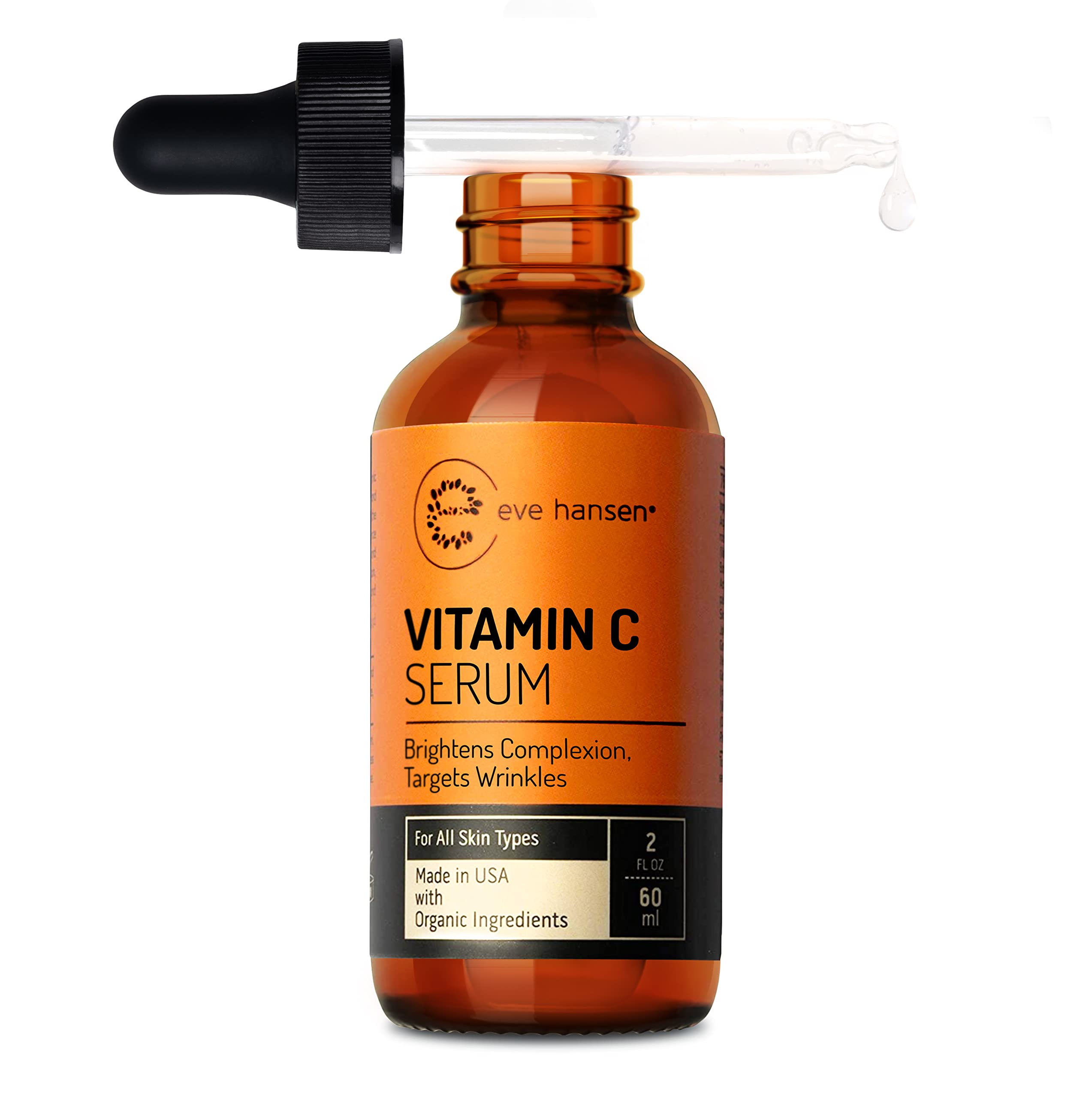 Eve Hansen Vitamin C Facial Serum - 76% Organic Antioxidant Serum for Face with Hyaluronic Acid, Vitamin E, and Aloe Vera - Hydr