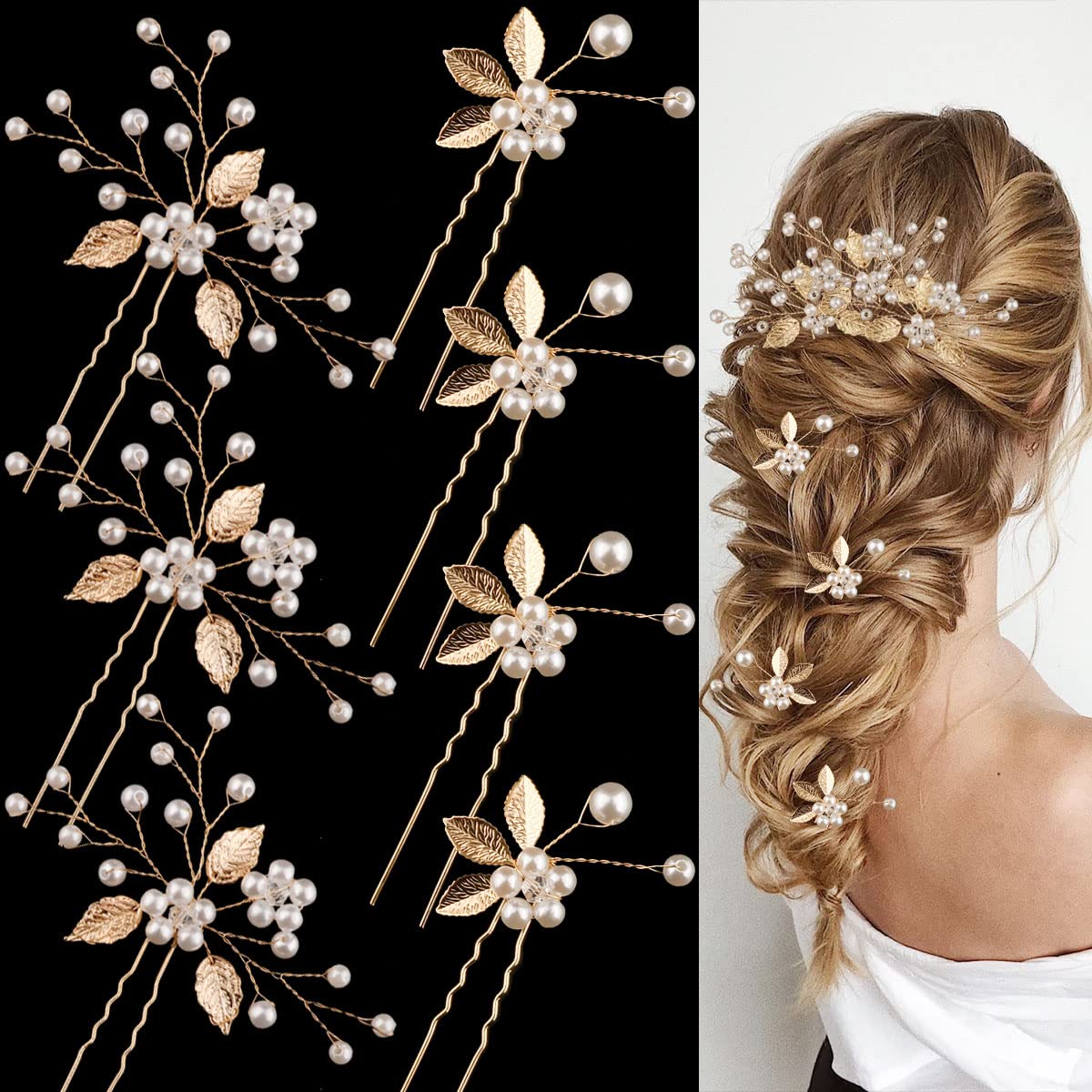 BOYIVI 7 Pieces Wedding Hair Pins Gold Leaf, Elegant Flower Hair Accessories for Brides Bridesmaids Girls Pearl Alloy Material H