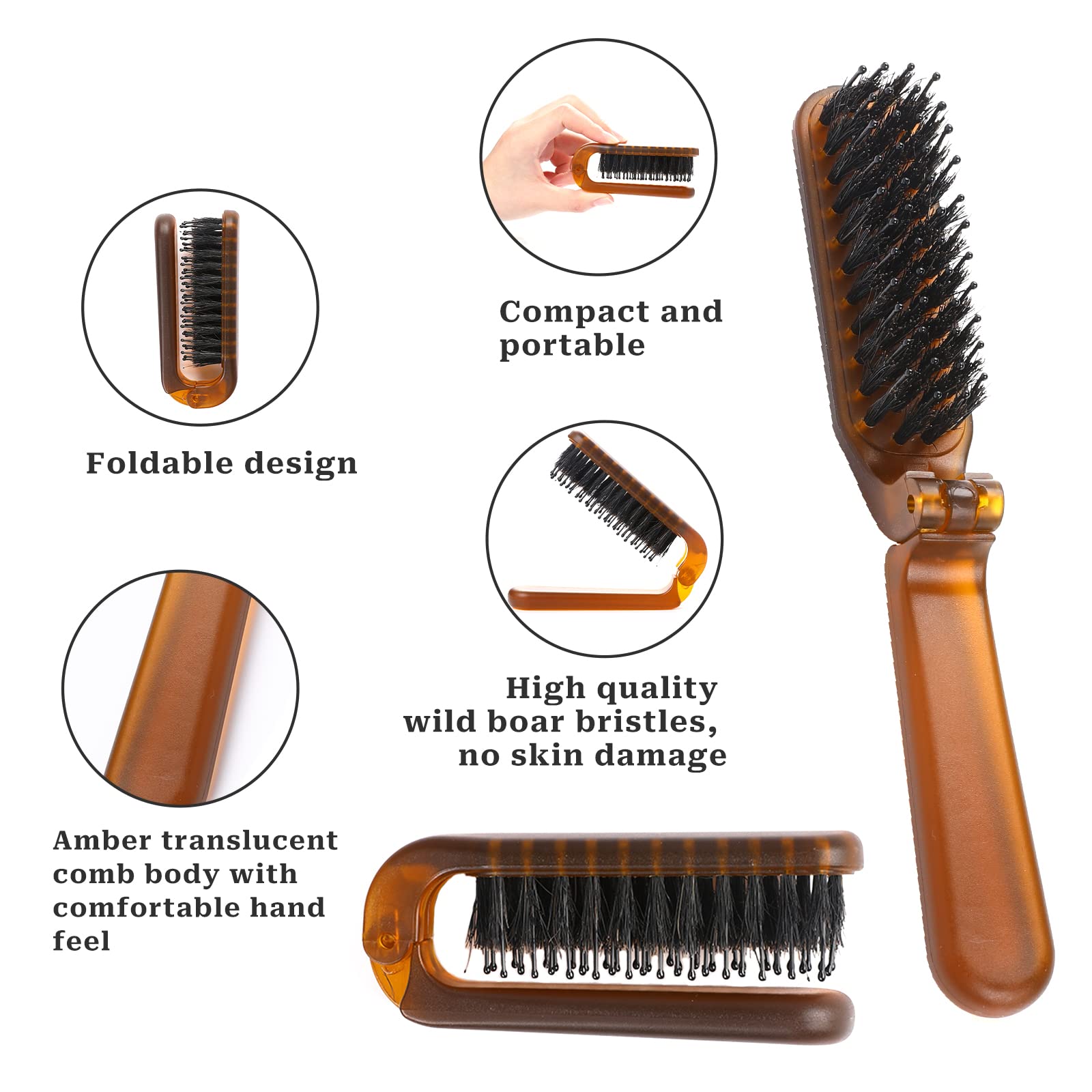 Foldable Travel Hair Brush, Natural Boar Bristle Hairbrush Portable Collapsible Hair Comb Pocket Size Comb Mini Folding Compact