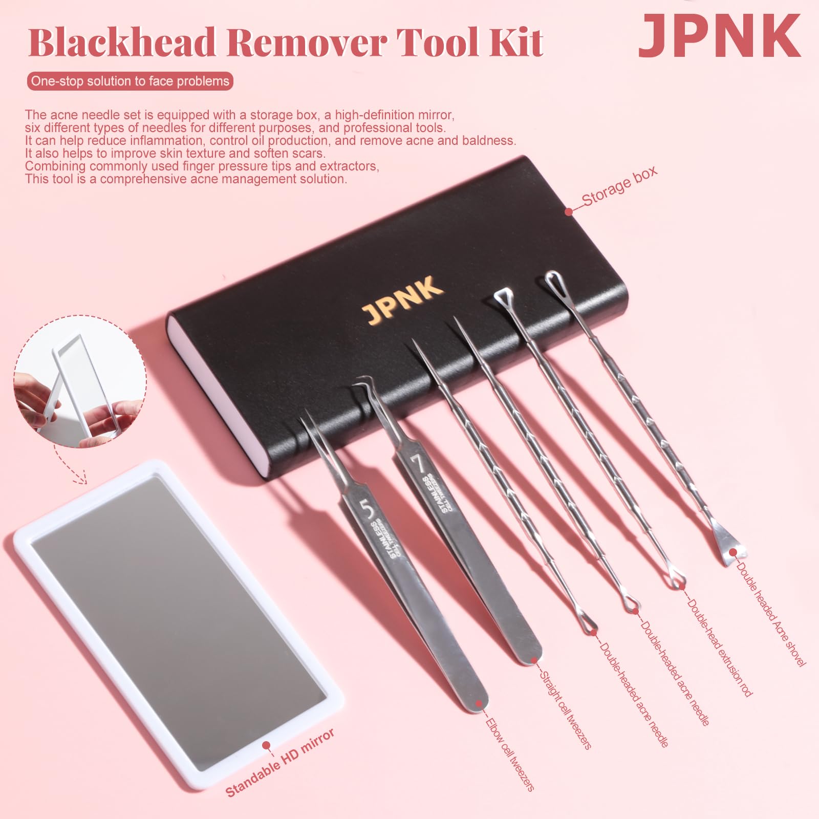 JPNK Black Acne Extractor Tool, Professional Stainless Pimple Acne Blemish Removal Tools Set with Mirror