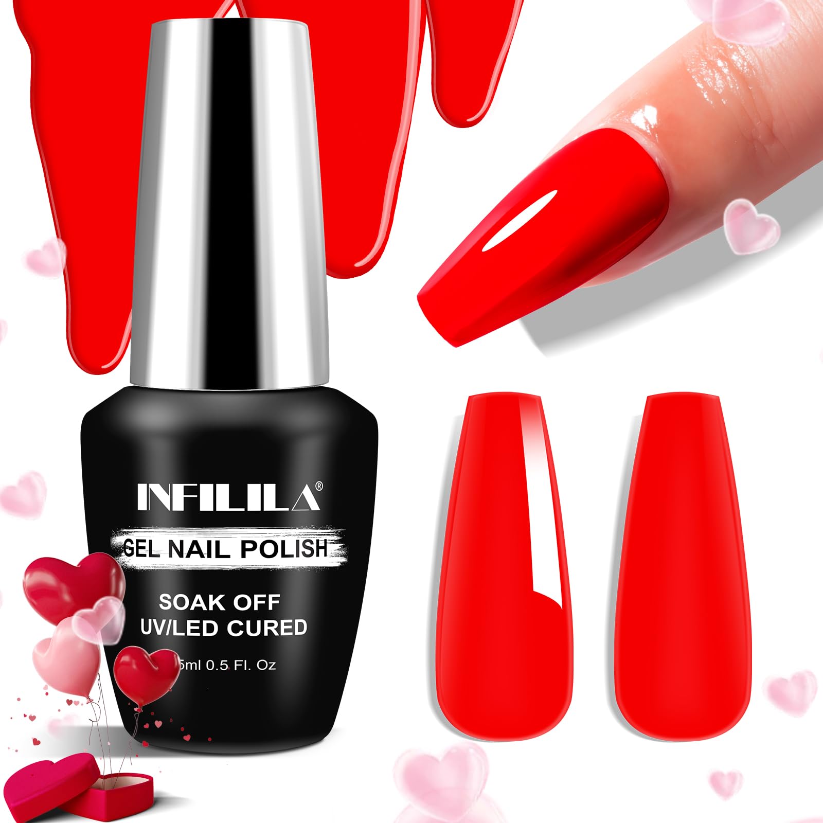 NXJ INFILILA Red Gel Nail Polish, 15ml 0.51oz Red Gel Polish, Bright Red Color High Gloss Soak Off UV Gel Nail Manicure Salon DI