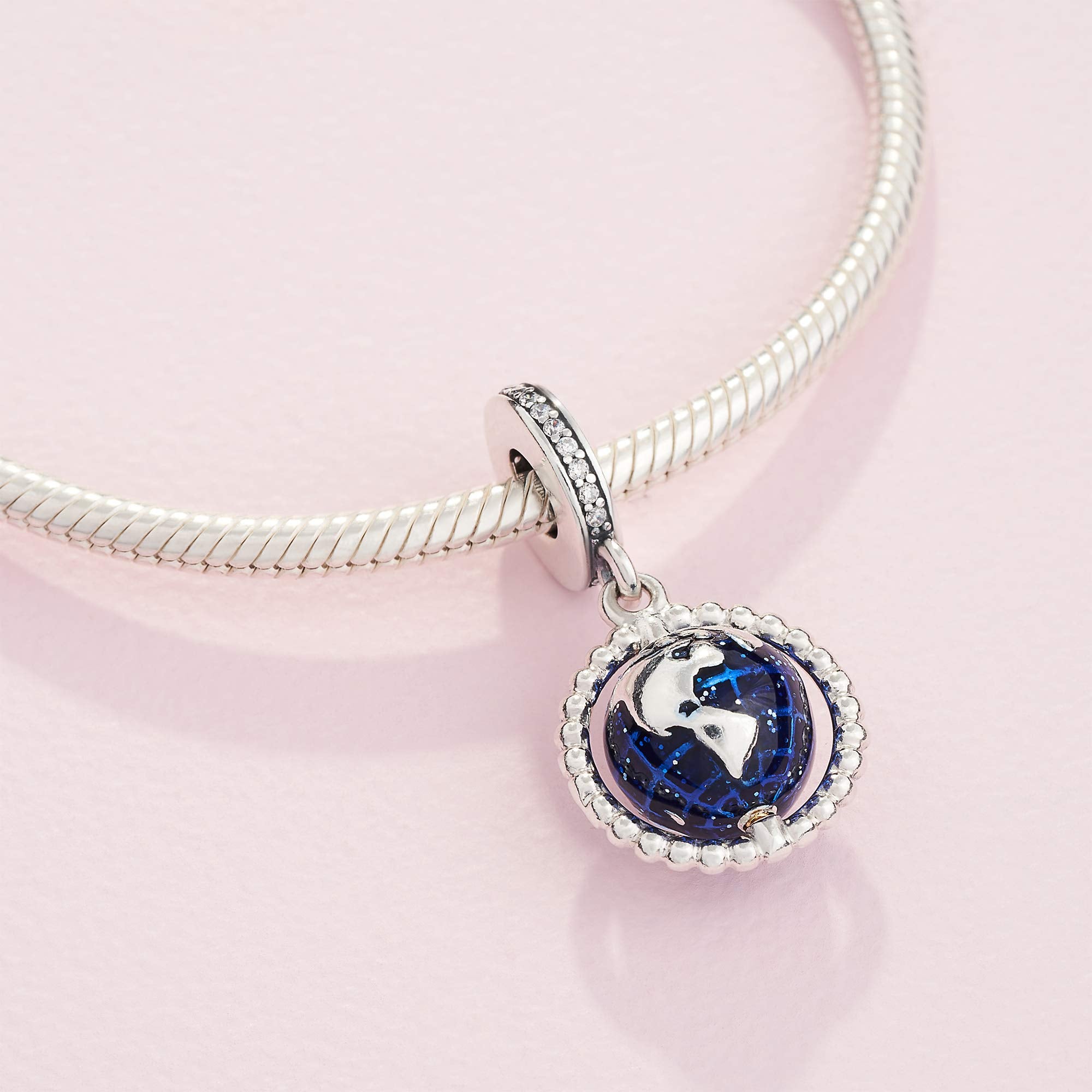 PANDORA Jewelry Spinning Globe Dangle Cubic Zirconia Charm in Sterling Silver, No Box