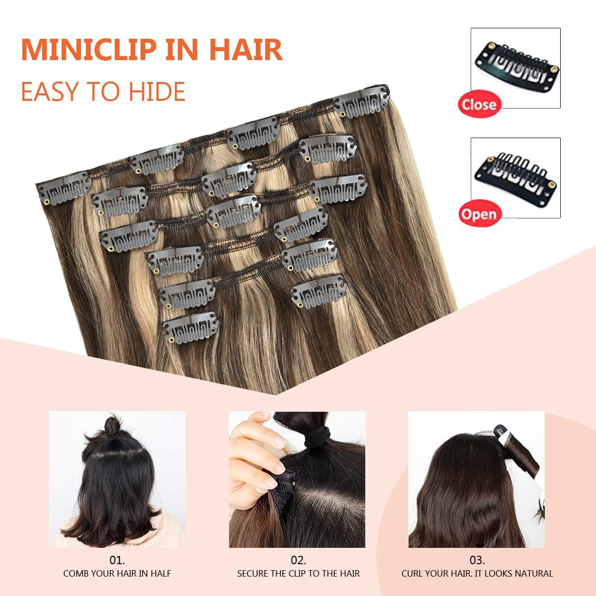 Ugotrays Clip In Hair Extensions Highlight Chocolate Brown To Caramel Blonde, 15 Inch 70G Real Human Hair Extensions Double Weft