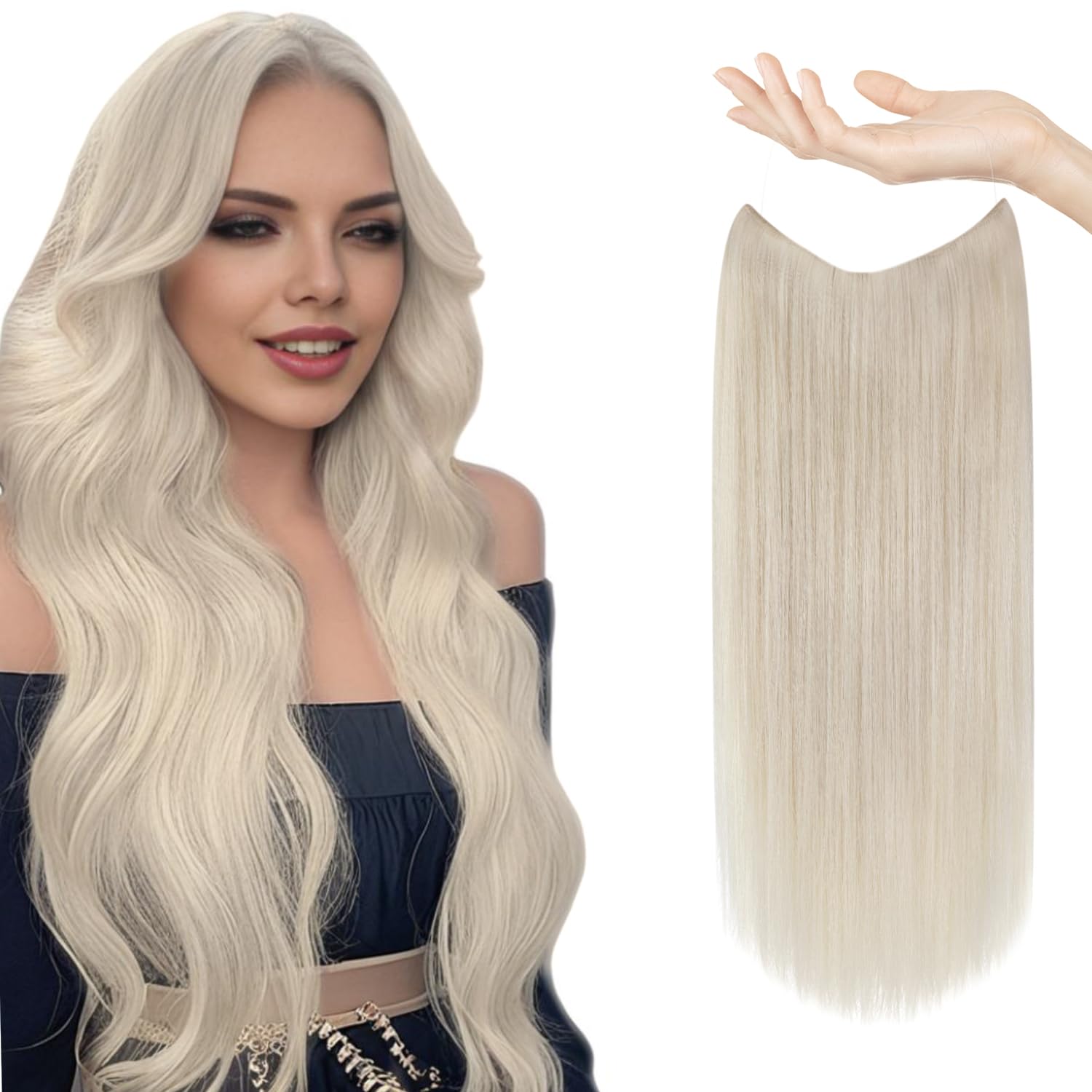 Sunny 120g Wire Hair Extensions Blonde Human Hair Clip in Hair Extensions with Transparent Wire Remy Hair Platinum Blonde Invisi