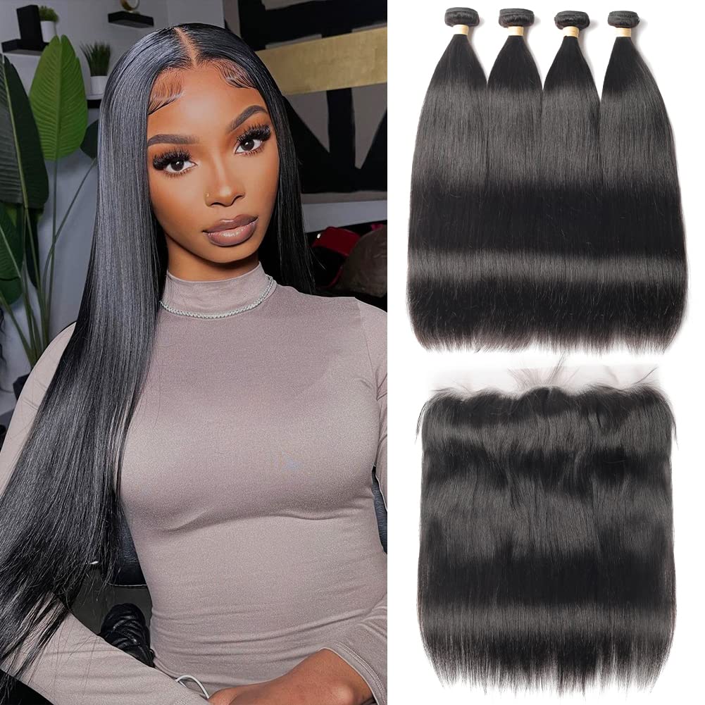 Beauhair Straight 4 Bundles with Frontal (22 24 26 28+20Frontal) 13x4 Ear to Ear Lace Frontal 10A Unprocessed Virgin Human Hair 