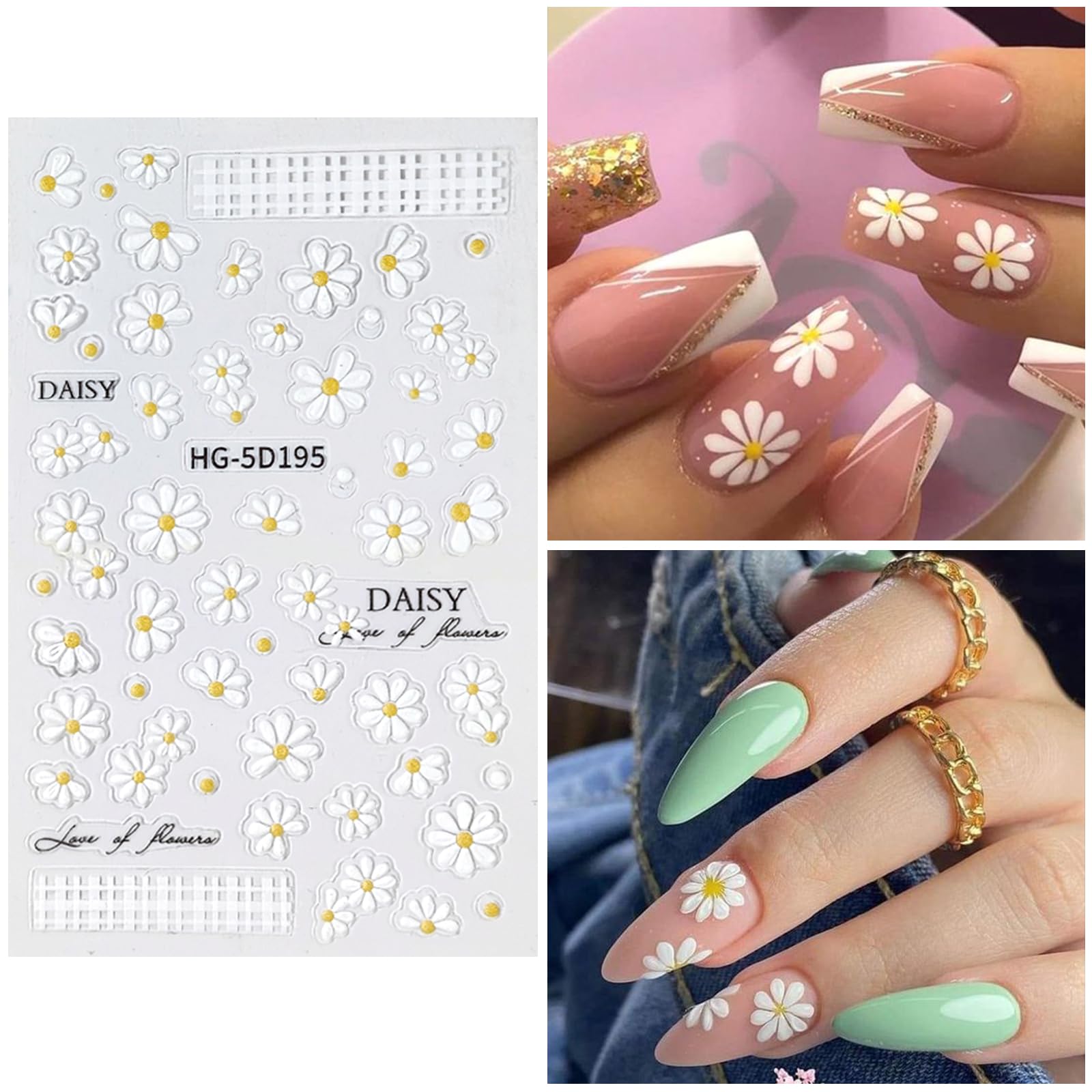 Votacos Flower Nail Art Stickers 7 Sheets 5D Nail Decals Spring Summer Nail Art Design 3D Self-Adhesive Nail Supplies White Yell