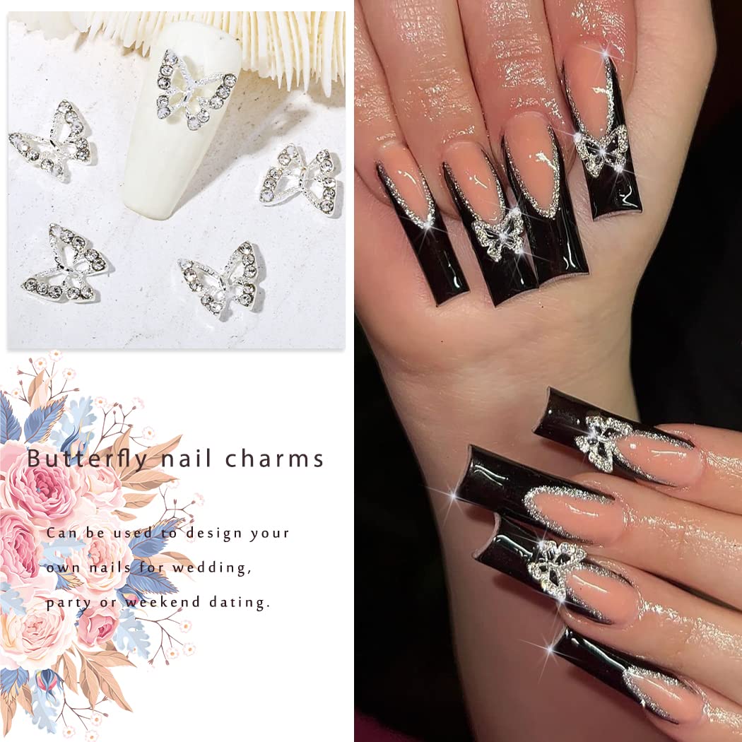 Rodaky 3D Alloy Butterfly Nail Art Charms 12Pcs Silver Butterflies Nail Decoration With Gems And Rhinestones For Nail Crystals D