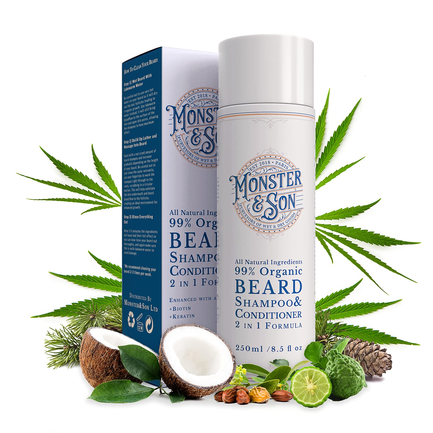 Monster&Son Organic Beard Shampoo & Conditioner 2 In 1 - Beard Wash With Conditioning For Men - Gentle Face Cleanser For Sensiti