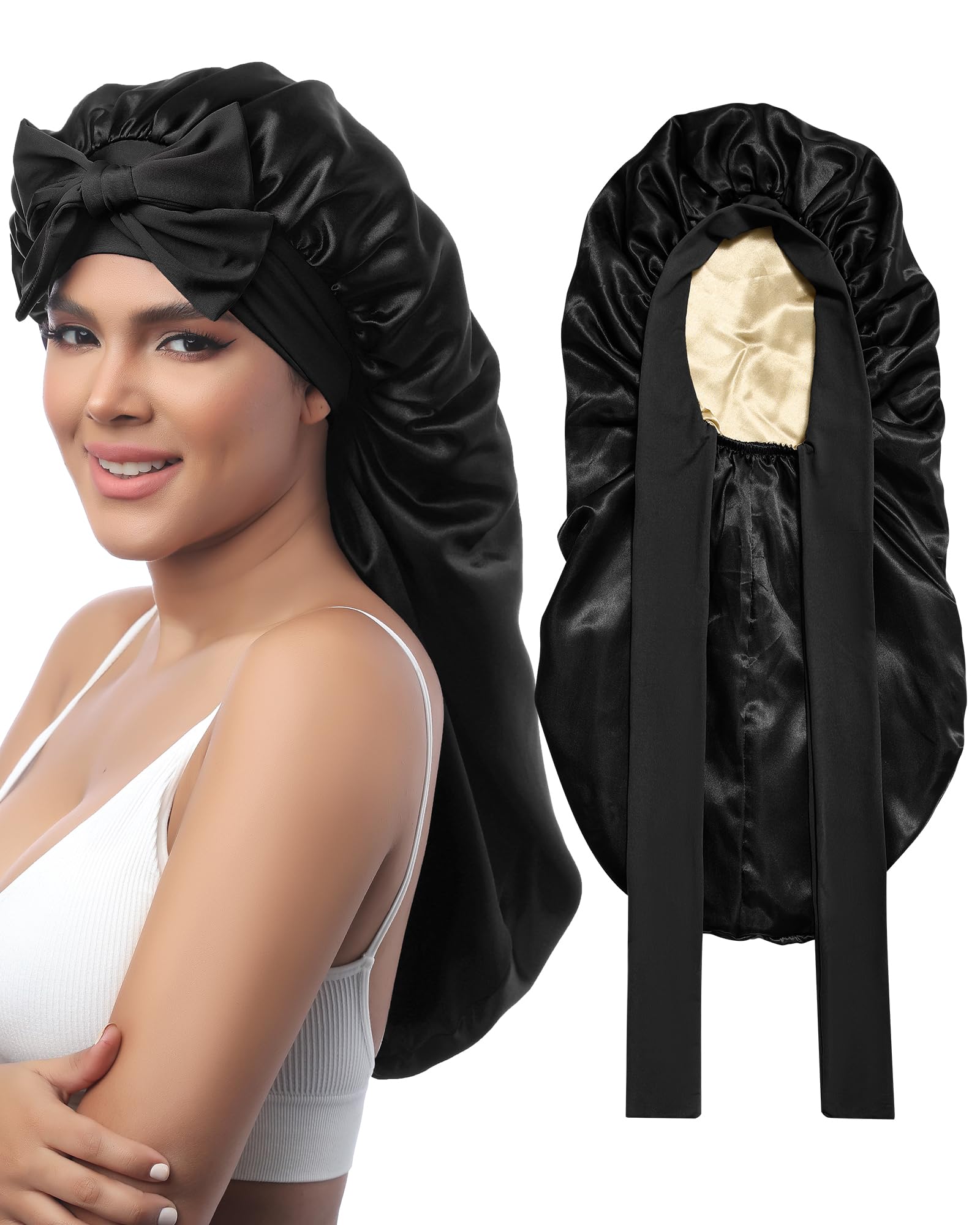 AWAYTR Long Satin Bonnet for Sleeping - Double Layer Reversible Silk Bonnet for Long Hair Women Sleeping Cap with Tie Band (Blac