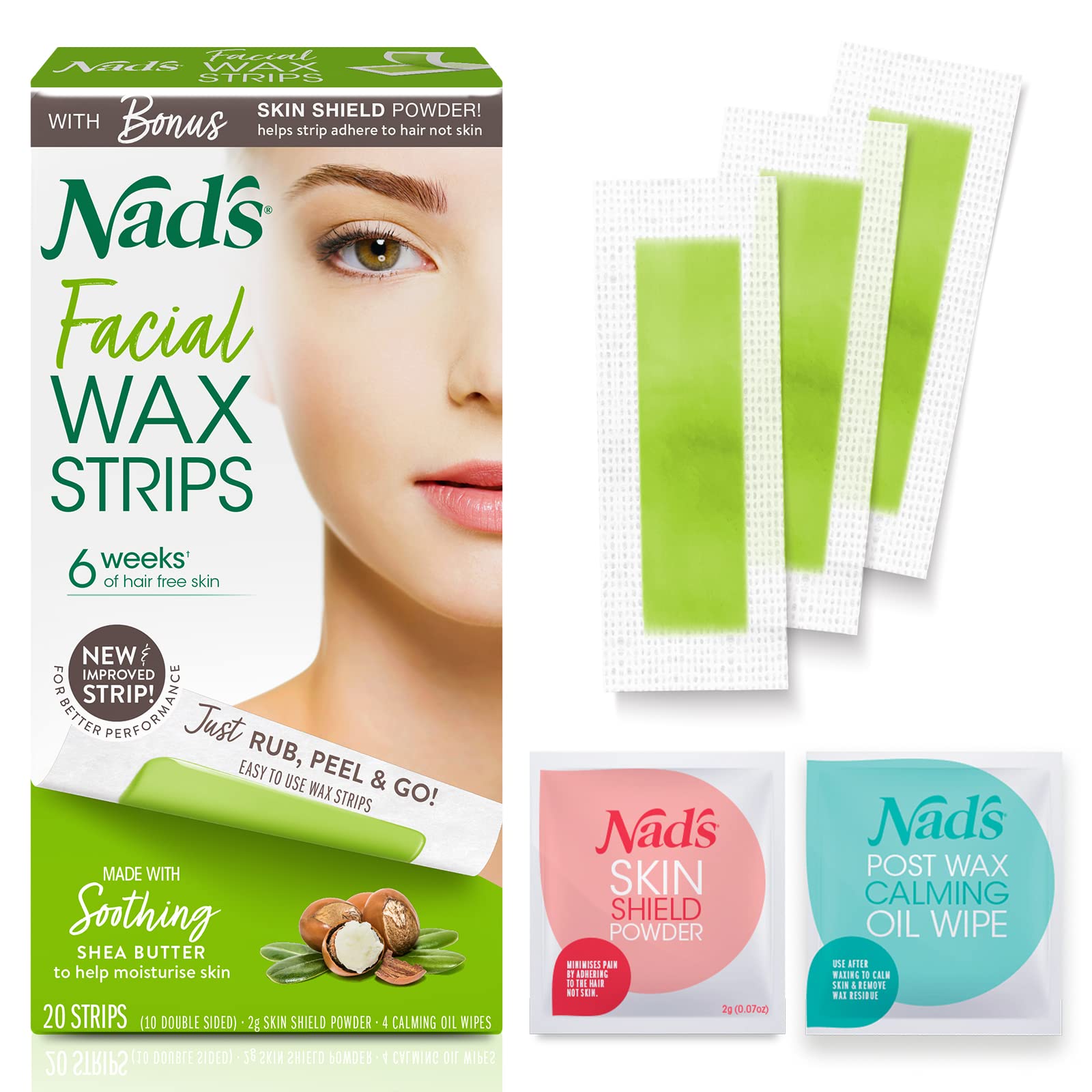 Nad's Facial Wax Strips - Hypoallergenic for All Skin Types - 25 Count Waxing Kit with 4 Calming Oil Wipes - Green