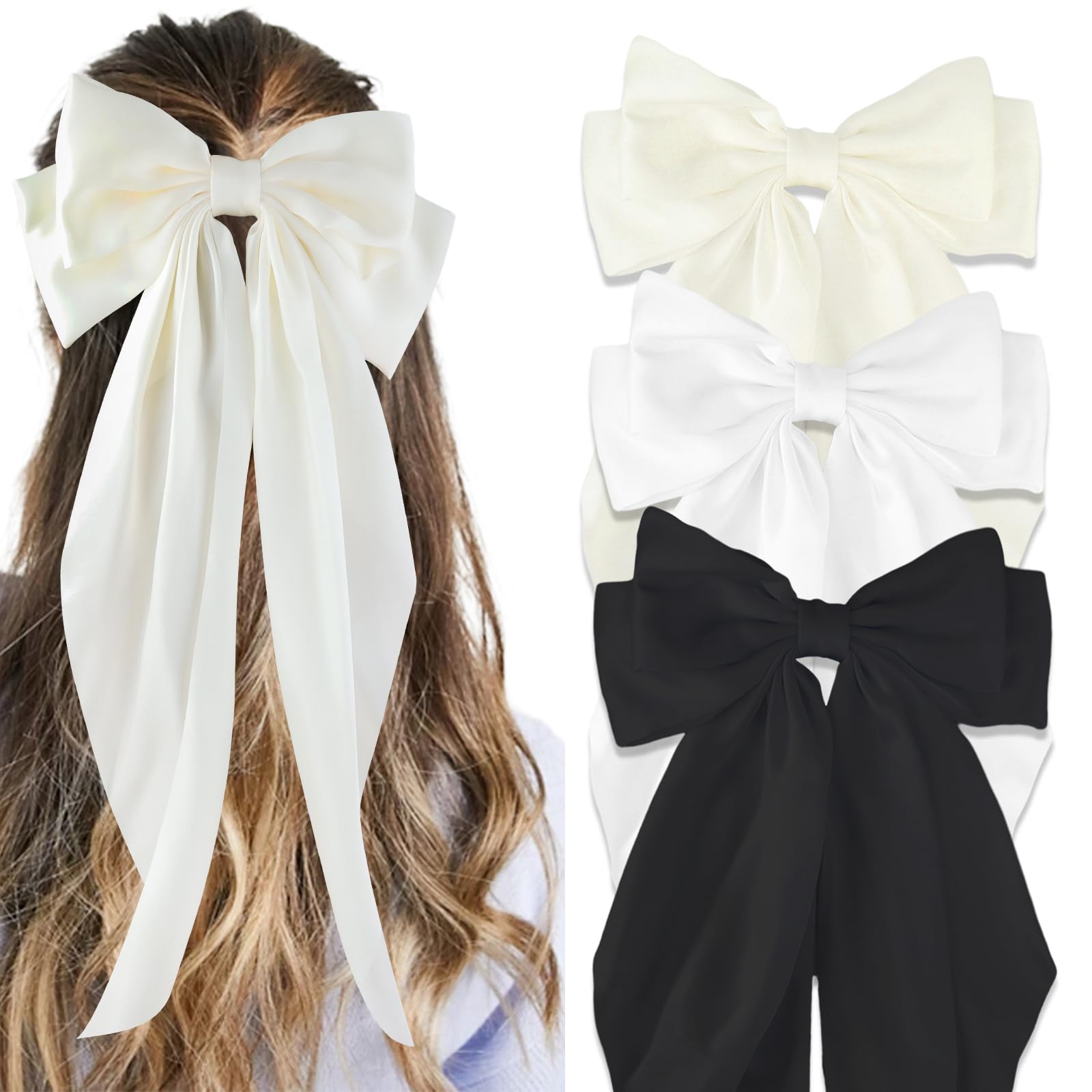 Canitor Hair Bows for Women Silky Satin Hair Ribbon Hair Barrettes Clip Oversized Long Tail Black White Hair Bows Cute Aesthetic