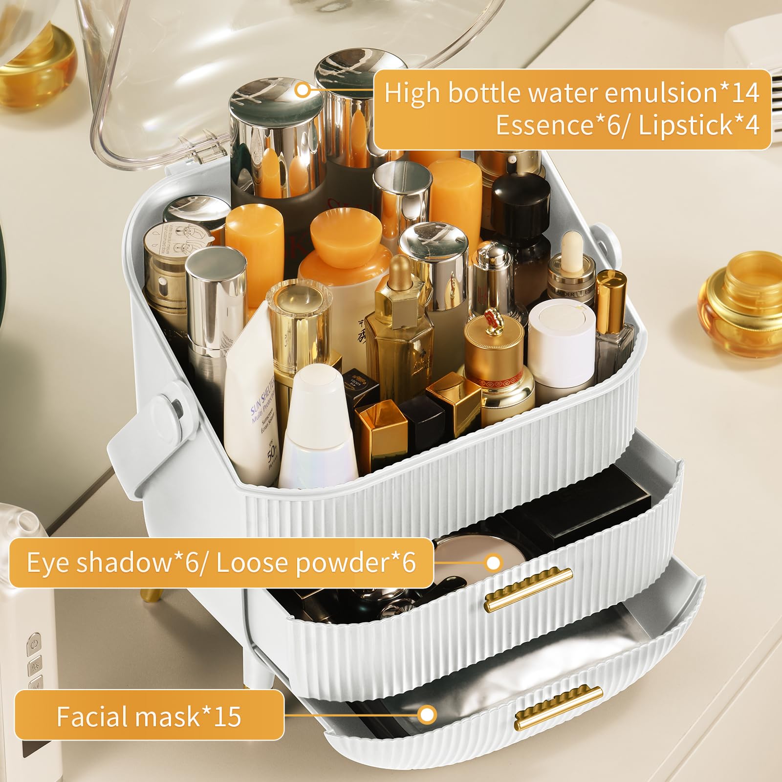 Canitoron Makeup Storage Organizer,Cosmetics Display Case With 2-Layer Storage Box And Transparent Cover, Bedroom Vanity Desk An