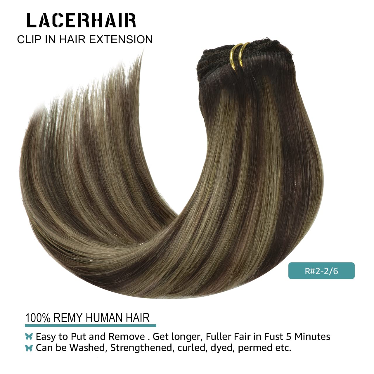 Lacer Hair 14 Inch Full Head Clip in Hair Extensions Human Hair Rooted Dark Brown to Chestnut Brown Highlight Dark Brown Remy Hu