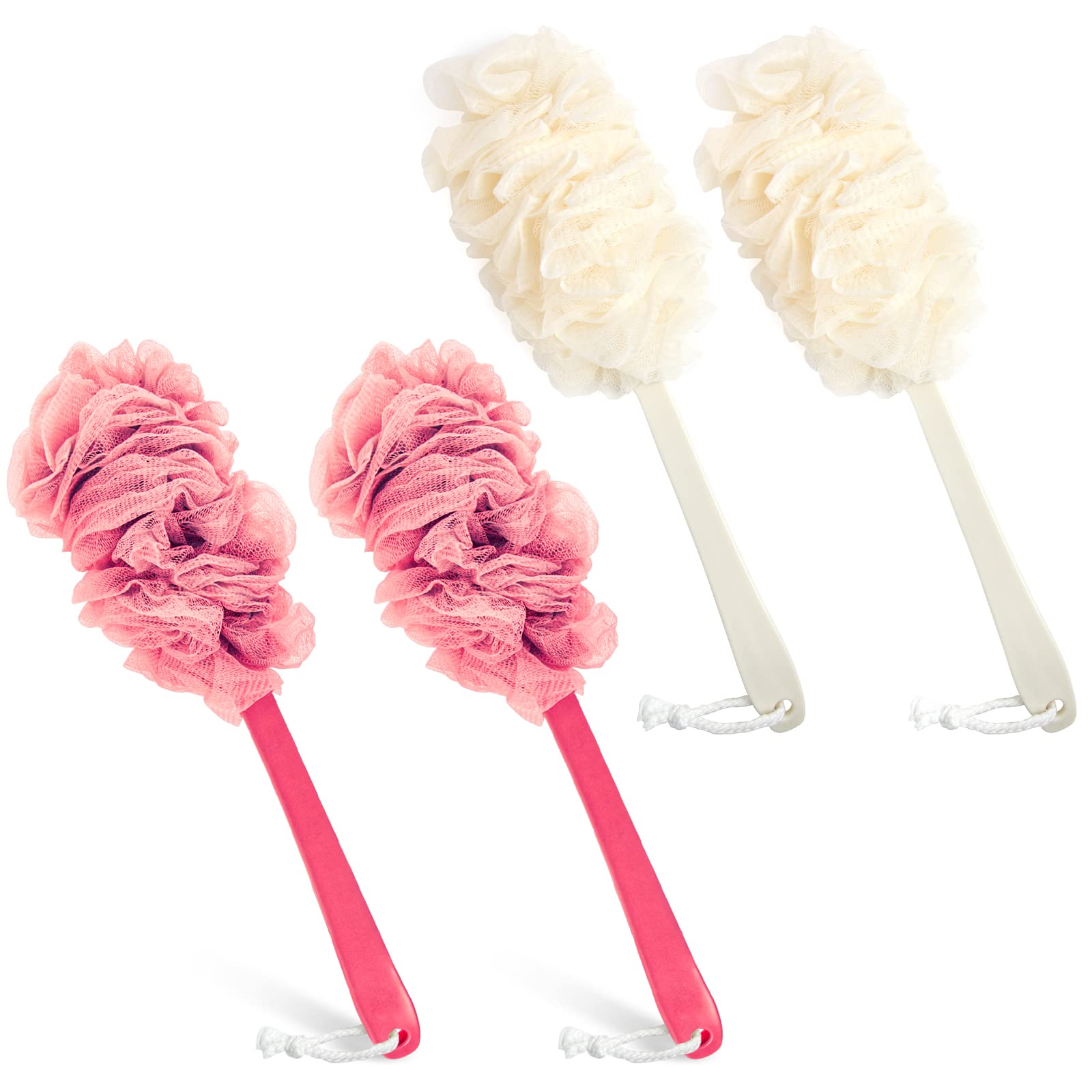 4Pack Back Scrubber For Shower, Evmliy Loofah Sponge Brush Exfoliating Body, Long Handle Scrub Brush For Shower With Loofah On A