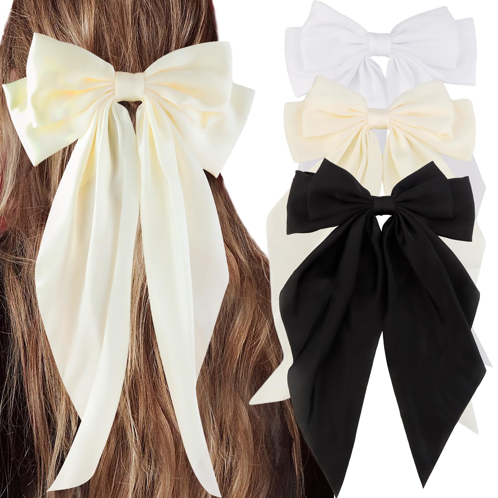Satin Hair Accessories Set: Silky Bows, Ribbons, Hair Ties, Large Barrettes, Cute Clips with Long Tail for Women and Girls (Whit
