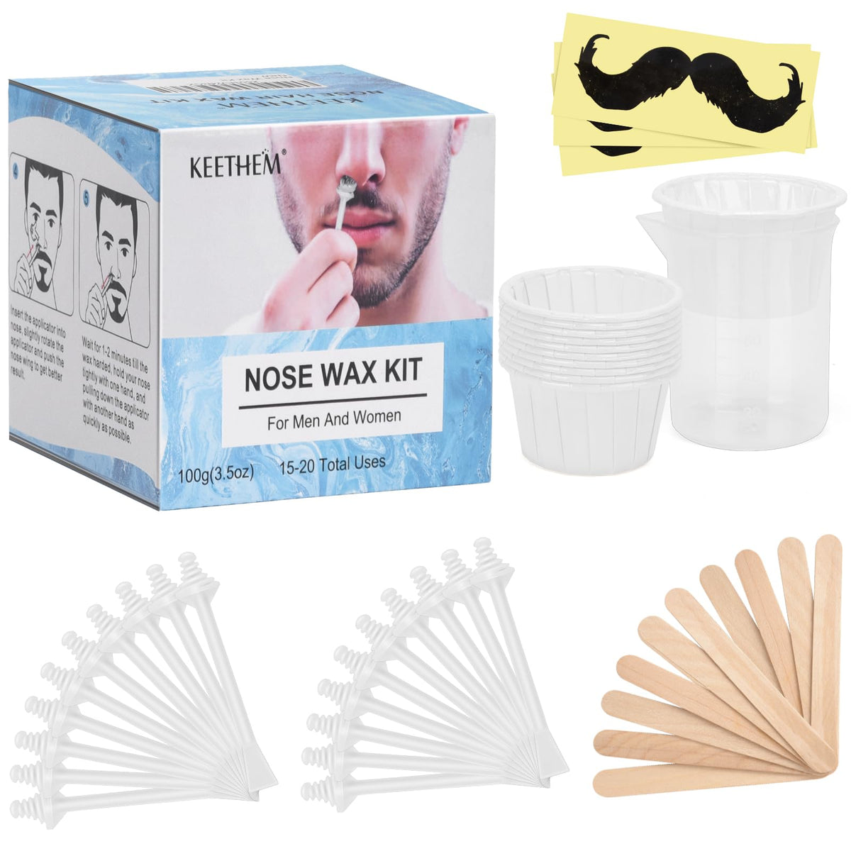 Nose Wax Kit for Men and Women - Instant Hair Removal, 100g Hard Wax, 20 Applicators, 10 Mustache Guards, and 10 Paper Cups - Pa