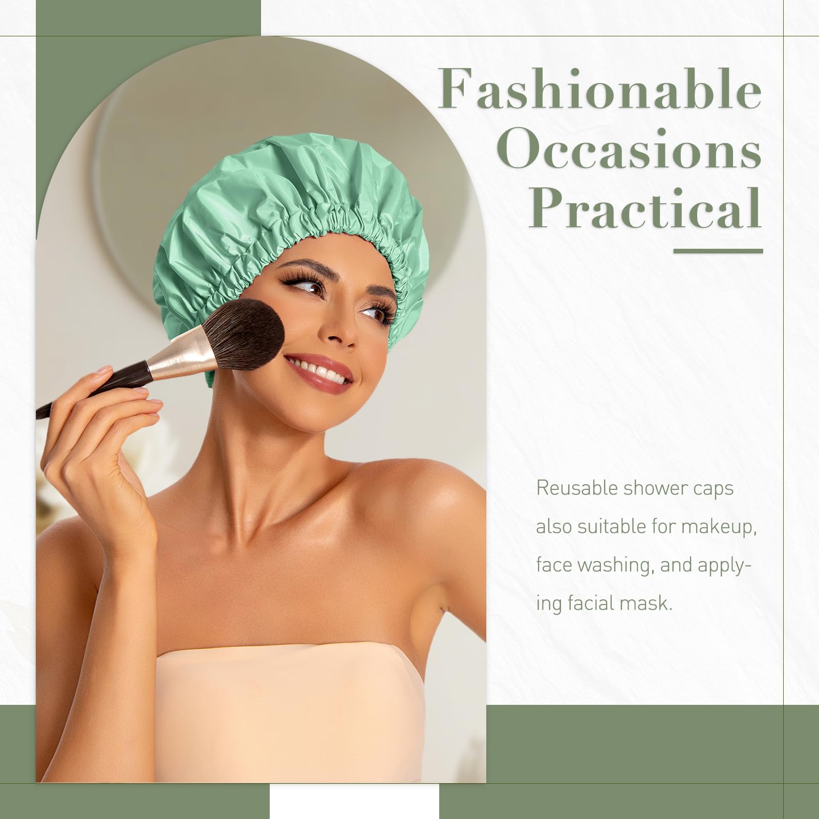 Reusable Shower Cap For Women, Large Waterproof Shower Bonnet Washable Elastic Band Bath Hair Hat For Long Hair, Braids(Green Be