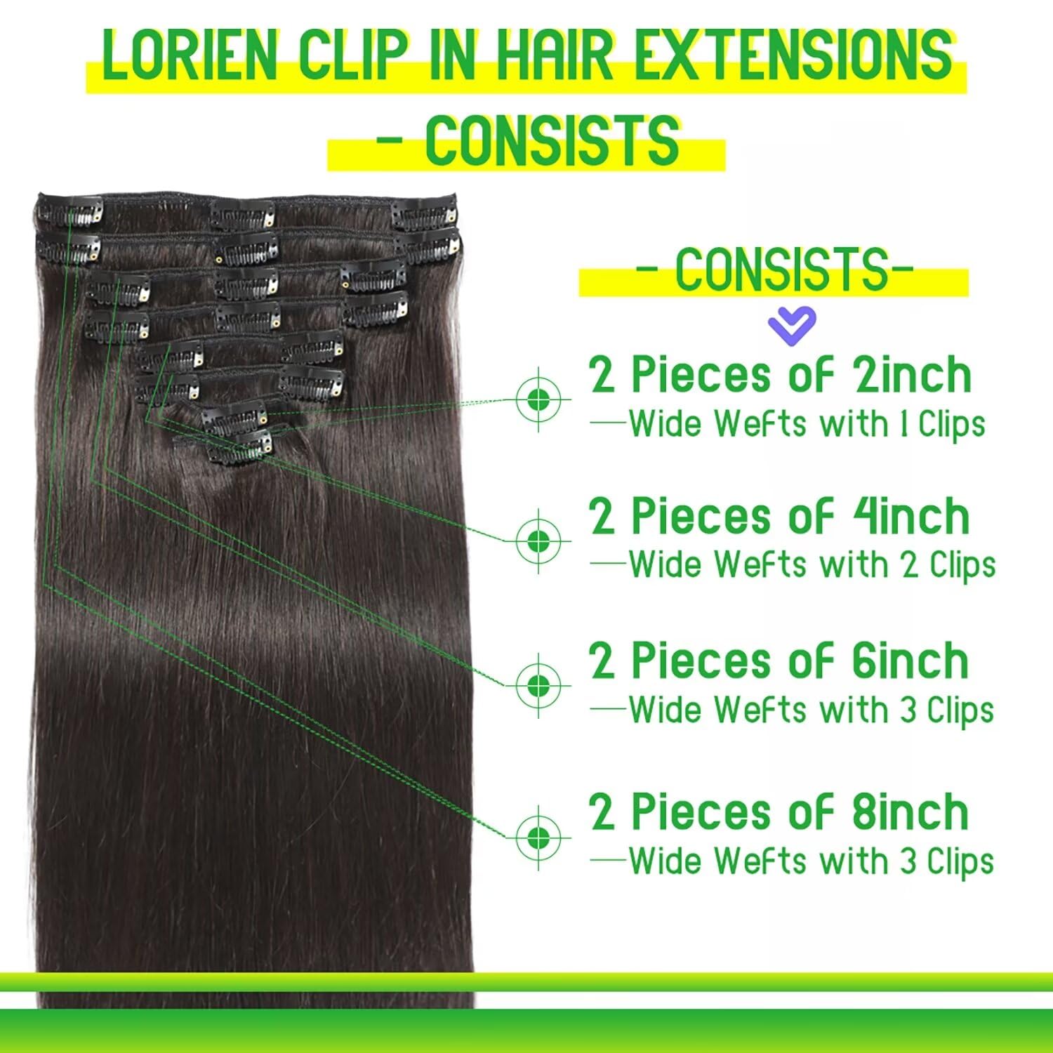 Lorien Clip In Hair Extensions Real Human Hair, 18 Inch 100G/3.5Oz, 1B Natural Black, Clip In 100% Brazilian Remy Human Hair Ext