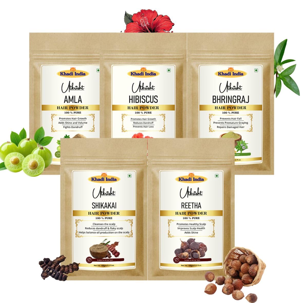 Khadi Utkrisht Amla, Bhringraj, Shikakai, Reetha, & Hibiscus Hair Growth Powder Combo | 100% Natural Herbal Hair Care | Controls