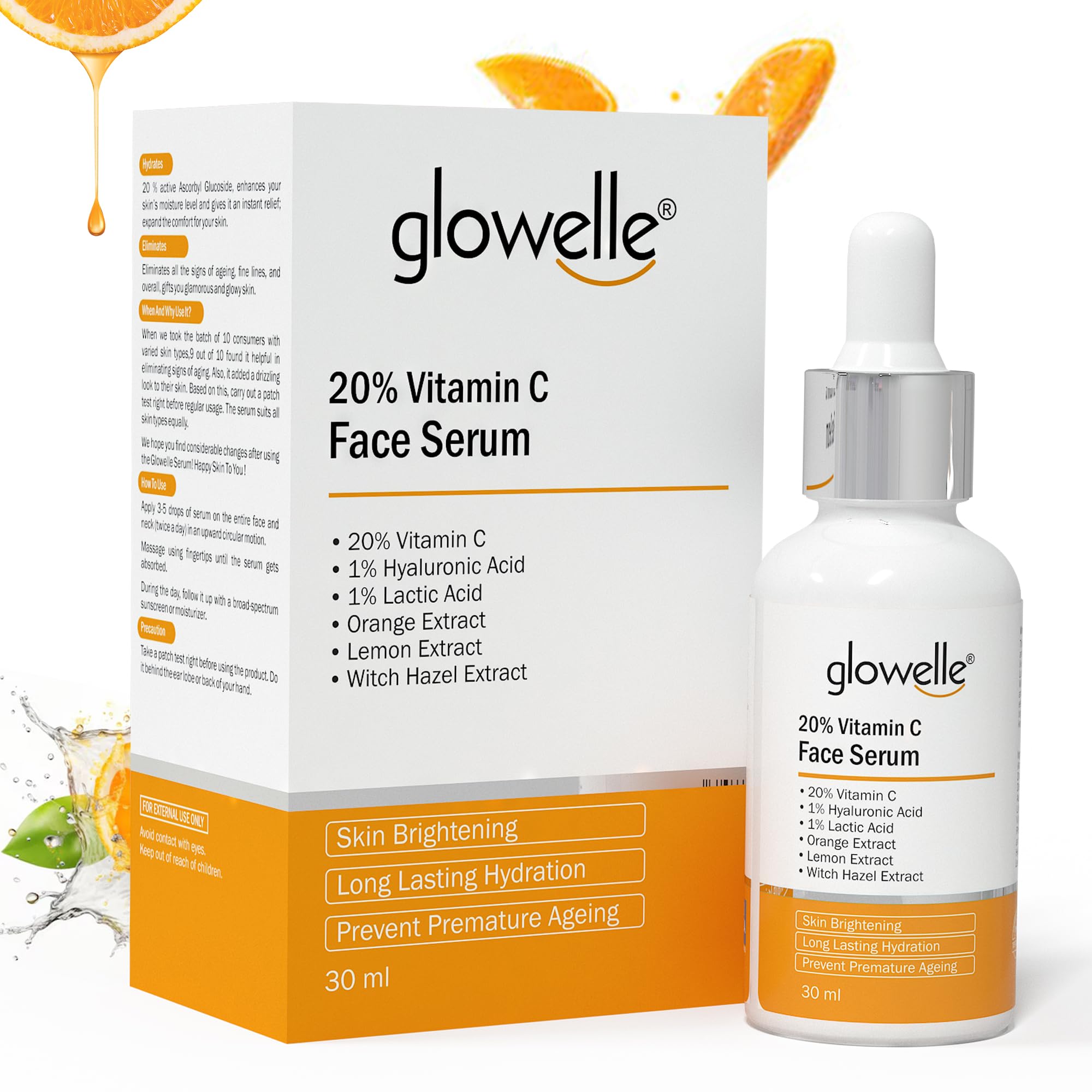 Glowelle 20% Vitamin C Face Serum For Skin Brightening | Reduces Dark Spots, Dull Skin & Uneven Tone | Boosts Collagen Productio