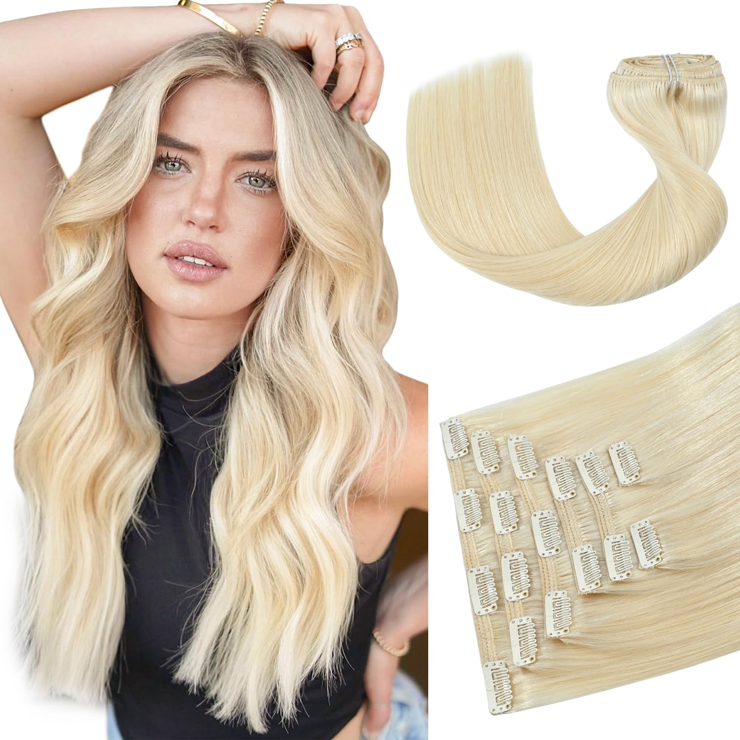 HUAYI Platinum Blonde Hair Extensions, Human Hair Clip in Extensions 70g 18Inch 7pcs Blonde 100% Real Human Hair Clip ins for Wo