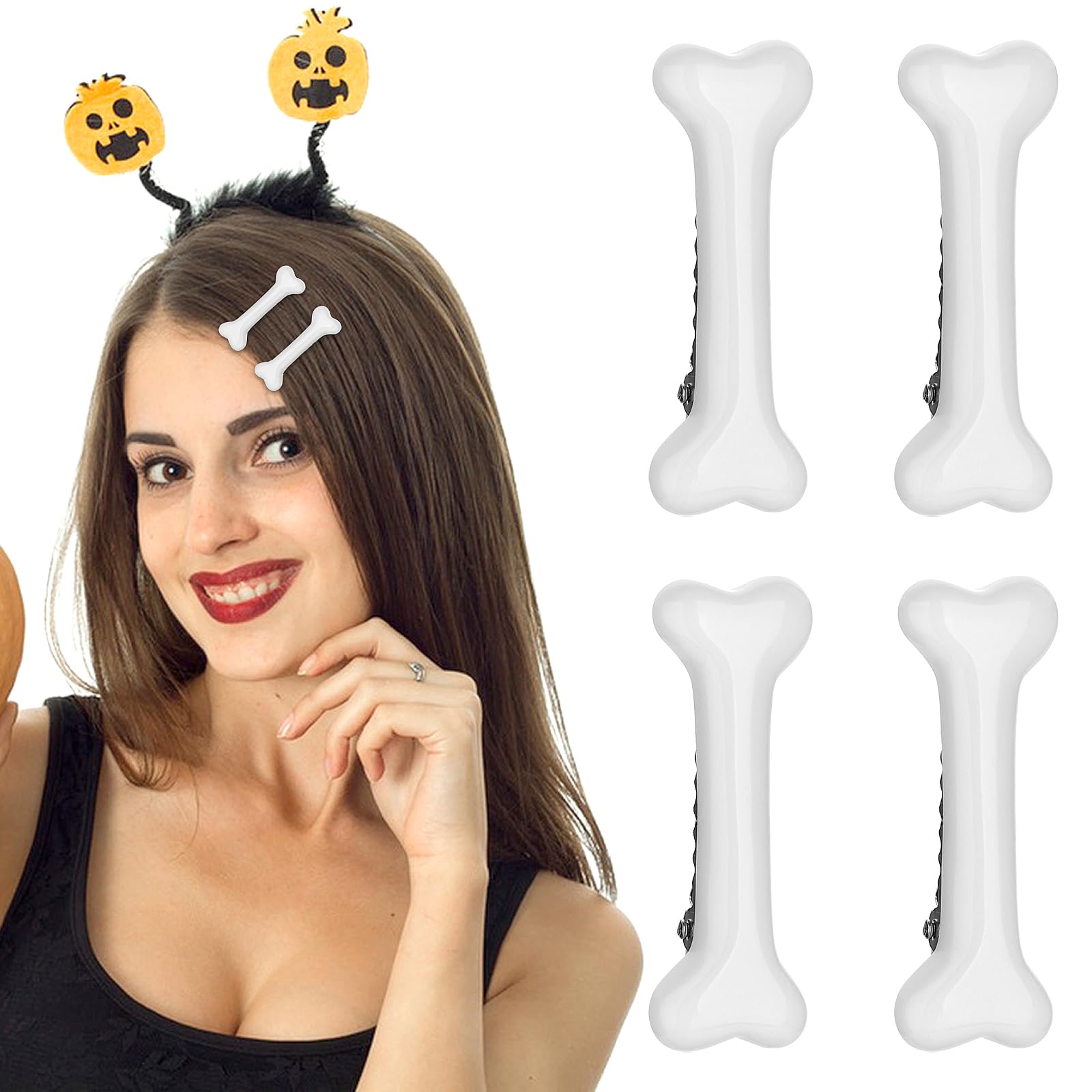 WLLHYF 4 Pack White Bone Hair Clips Goth Barrettes Halloween Vivid Dog Bones Hairpins Alligator Side Band Clips Cosplay Costume 