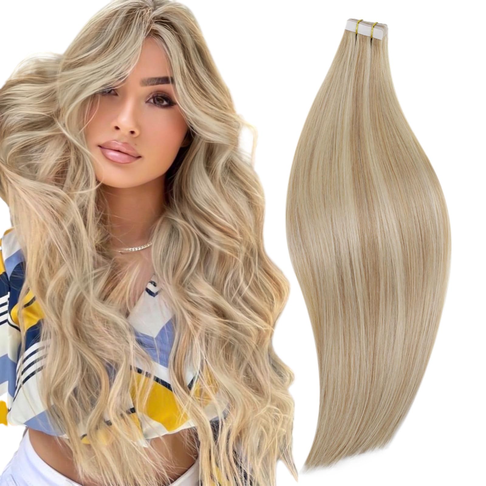 Runature Blonde Human Hair Tape In Extensions 16 Inch Ash Blonde Mix Platinum Blonde Straight Tape In Human Hair Extensions Tape