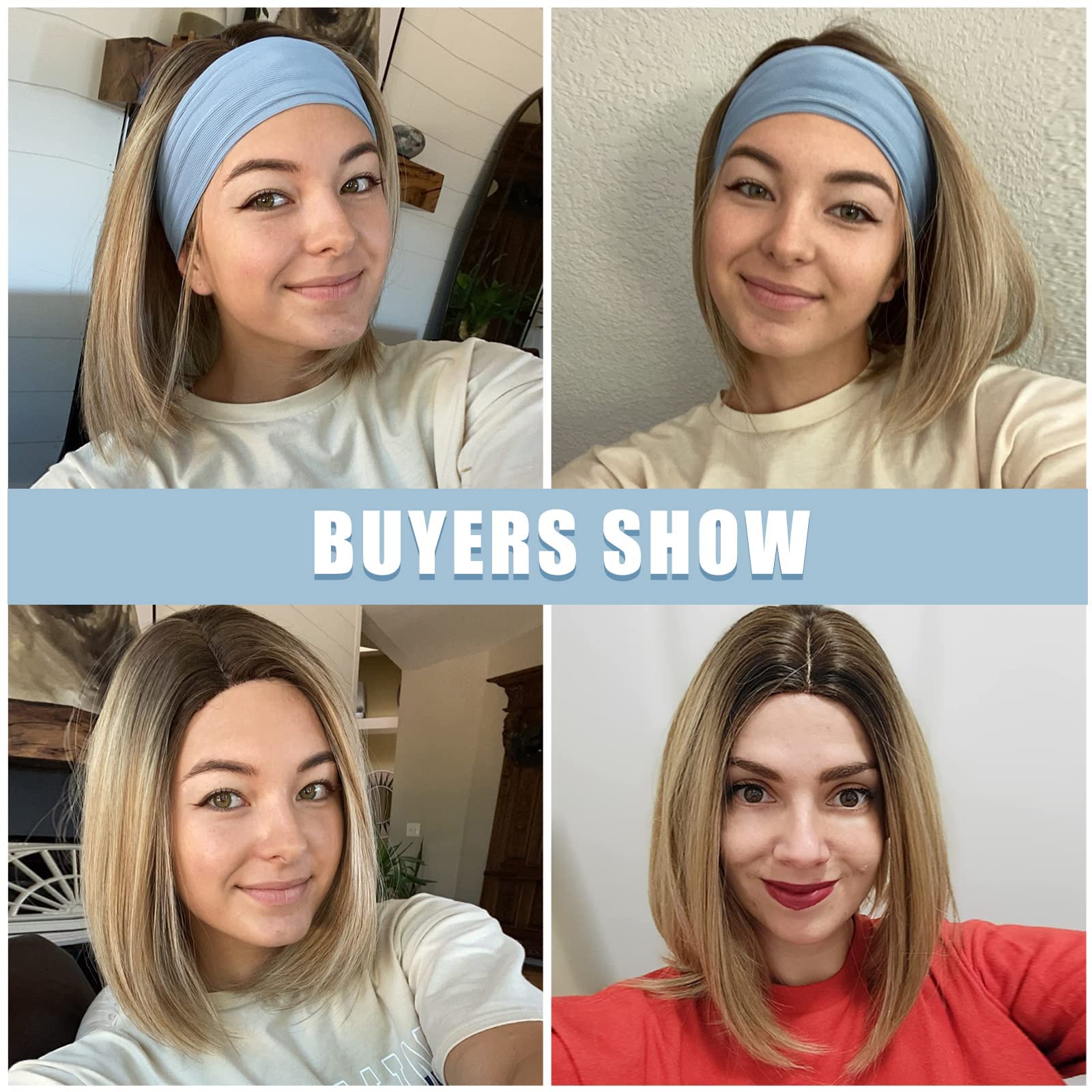 HAIRCUBE Ash Blonde Bob Wig Short Hair Side Parting Wig Hand-Tied Hairline Shoulder Length Ombre Wig Natural Looking Synthetic L