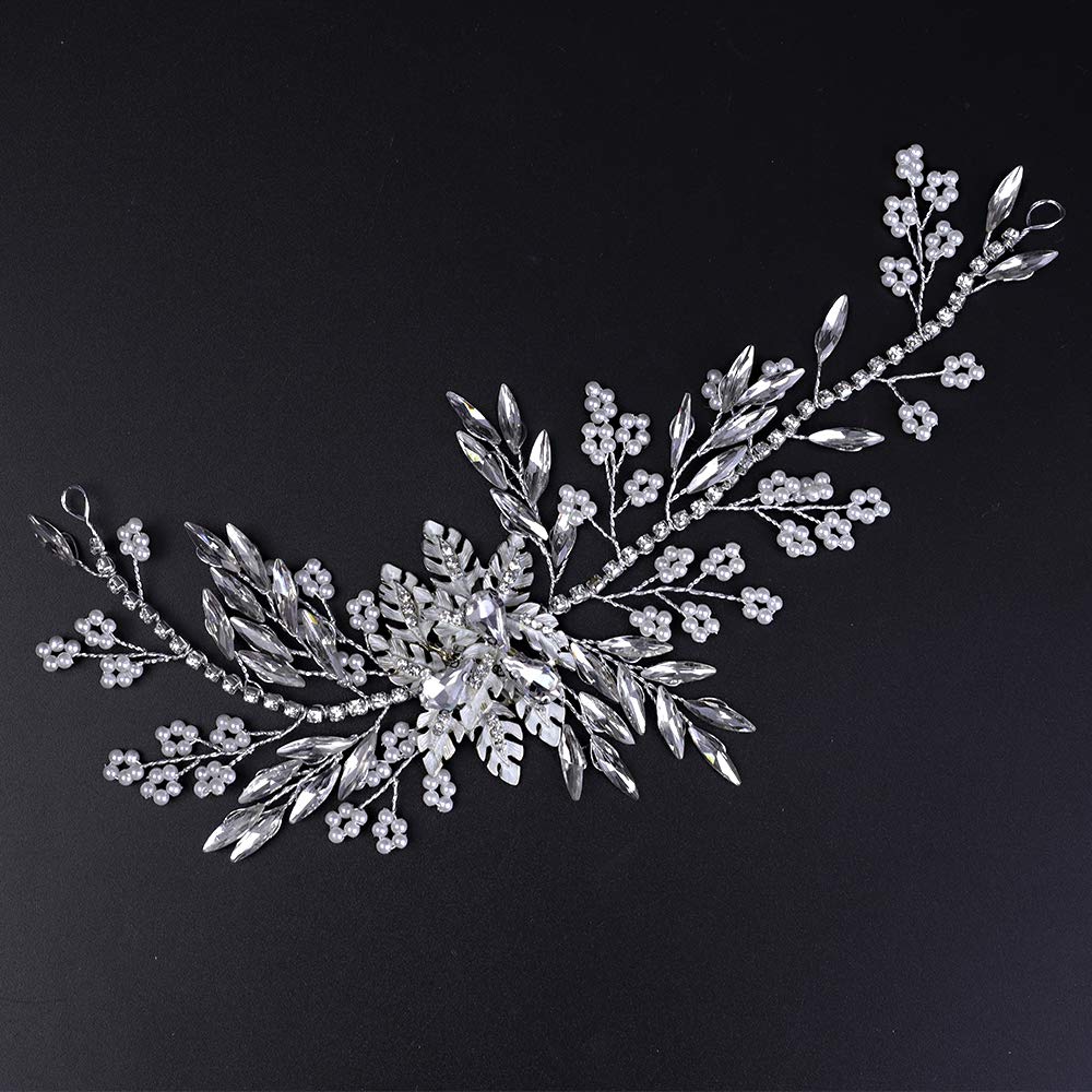 YERTTER Bride Handmade Hair Vine Silver Wedding Headband Leaf Crystal Rhinstone Hair Vines Bridal Headpieces Pearl Headband Hair