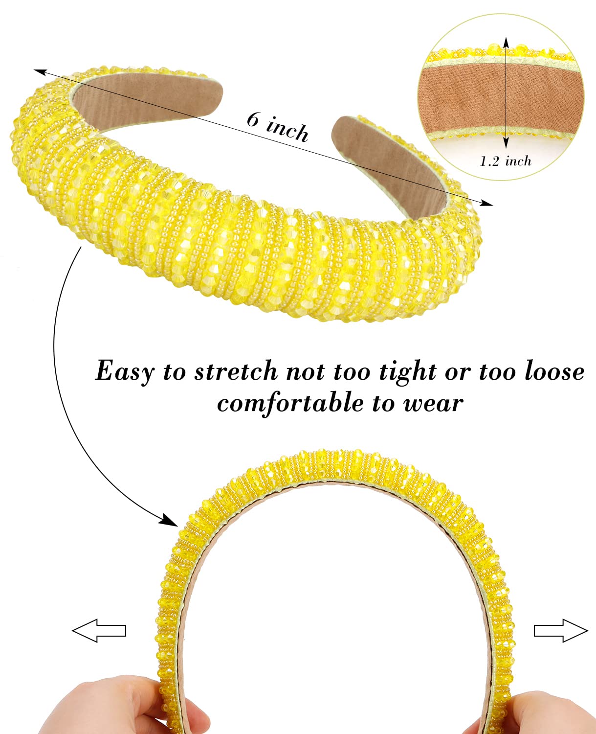 Wecoe Yellow Headband Fashion Rhinestone Headband Women Padded Headband Cute Fancy Bling Diamond Sparkle Crystal Beaded Headband