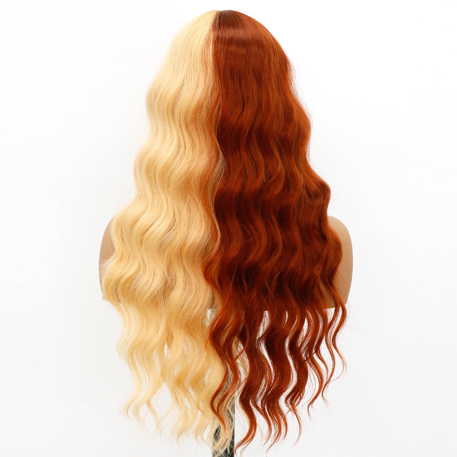 Evlynn Blonde And Brown Wigs With Body Wavy Air Bangs Half Brown And Half Gold Wig Cap For Women Long Curly Heat Resistant Synth