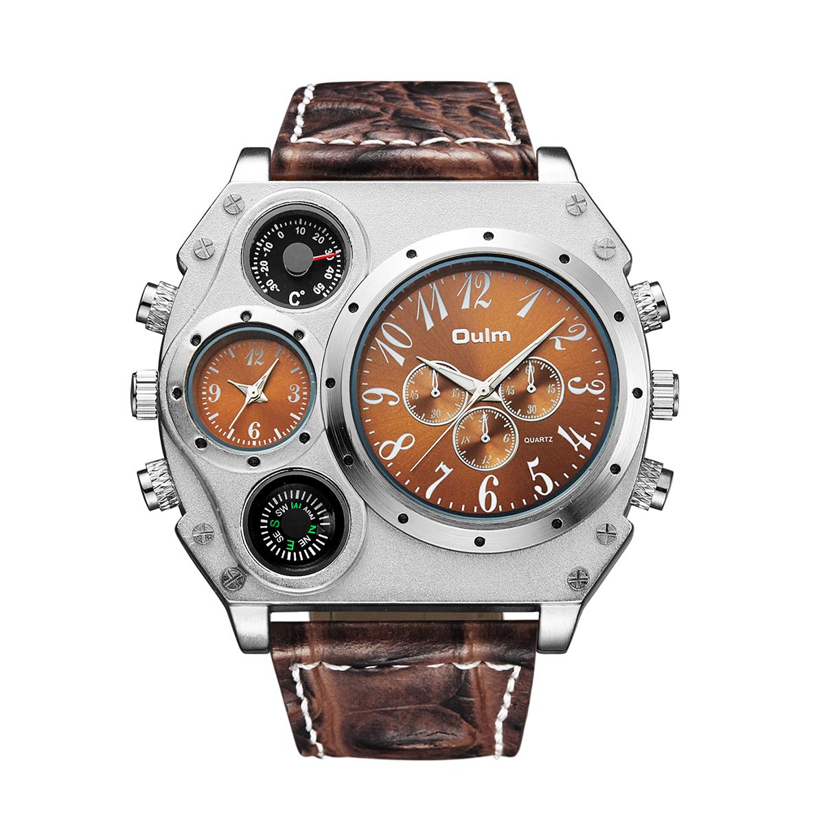 Mens Military Sports Quartz Wrist Watch Two Time Zone Compass And Thermometer Dial Leather Strap (Brown)