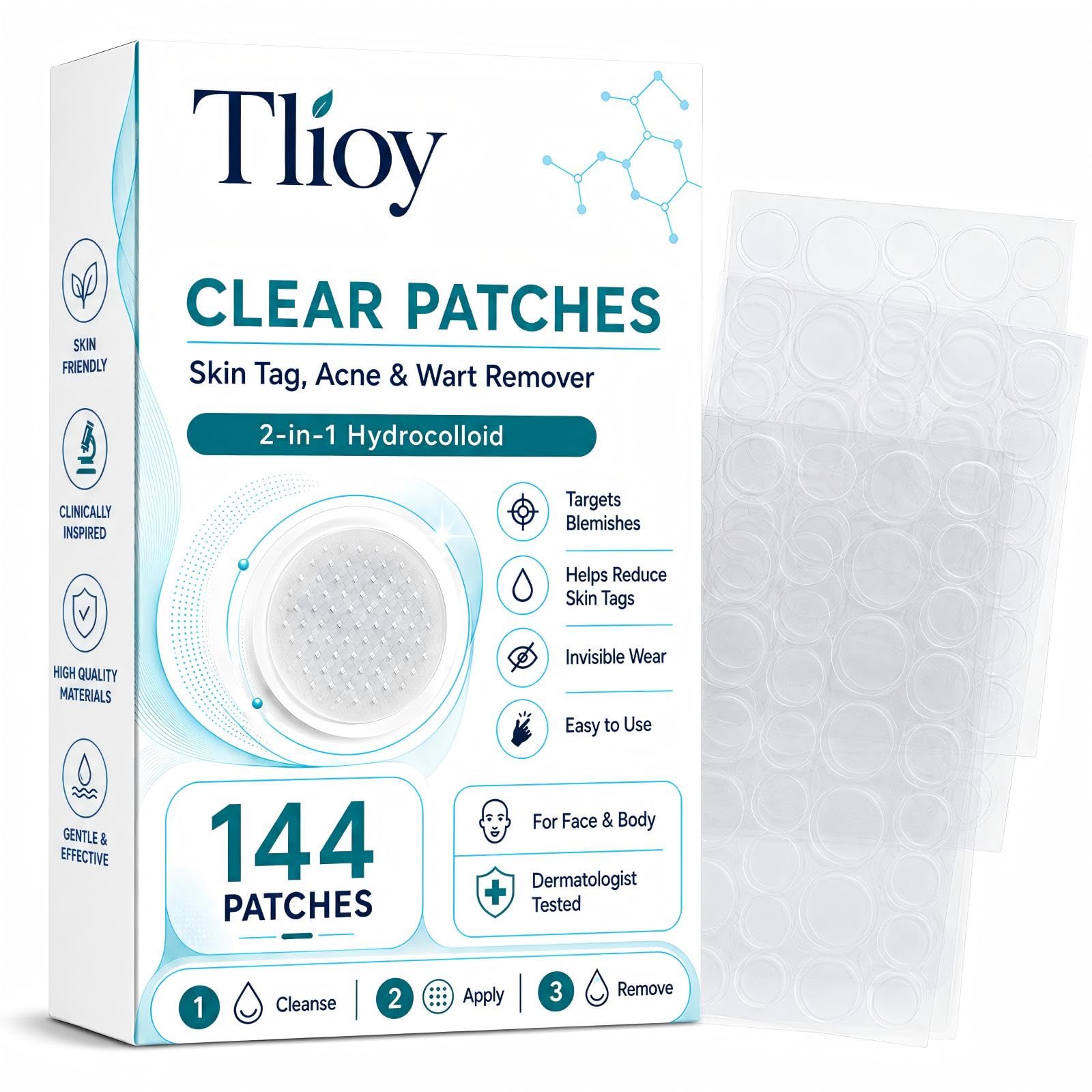 Tlioy Acne Patches, 2in1 Hydrocolloid Clear Patches, 144 Count Invisible Blemish Cover for All Skin Types, Multiple Sizes, 1 P